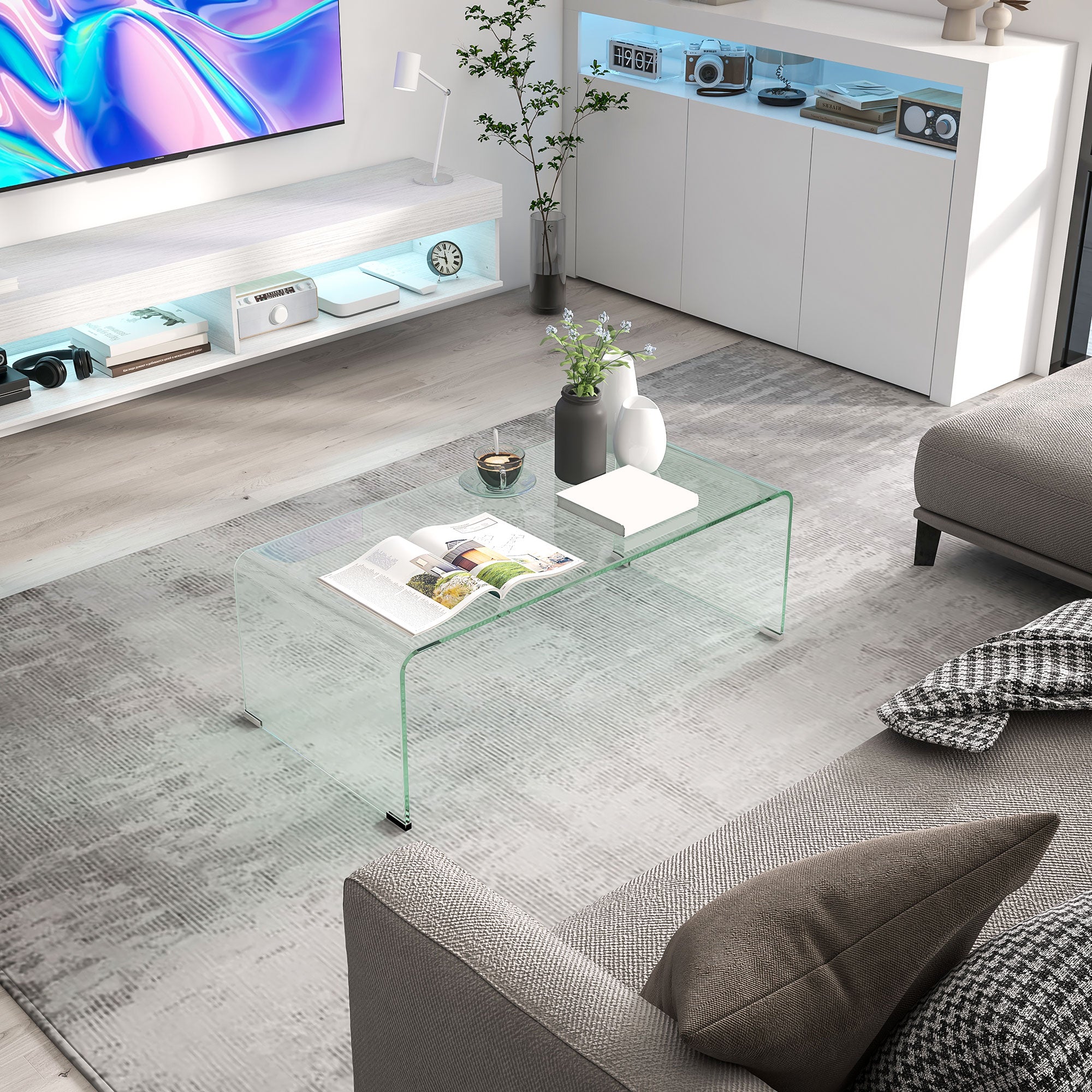 HOMCOM Tempered Glass Coffee Table, Modern Home Furniture, Clear Coffee Table for Living Room, Easy to Clean and Safe Rounded Edges, 39.4