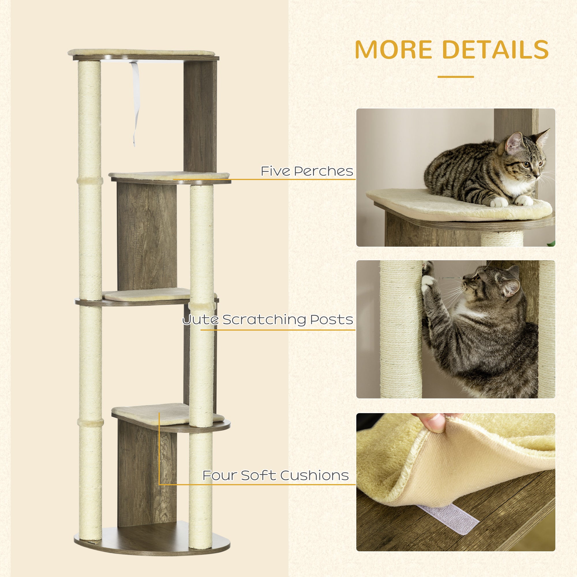 PawHut 65" Cat Tree Tower, Cat Condo Furniture, Multi-Level Activity Center with Jute Scratching Posts, Carpeted Perches