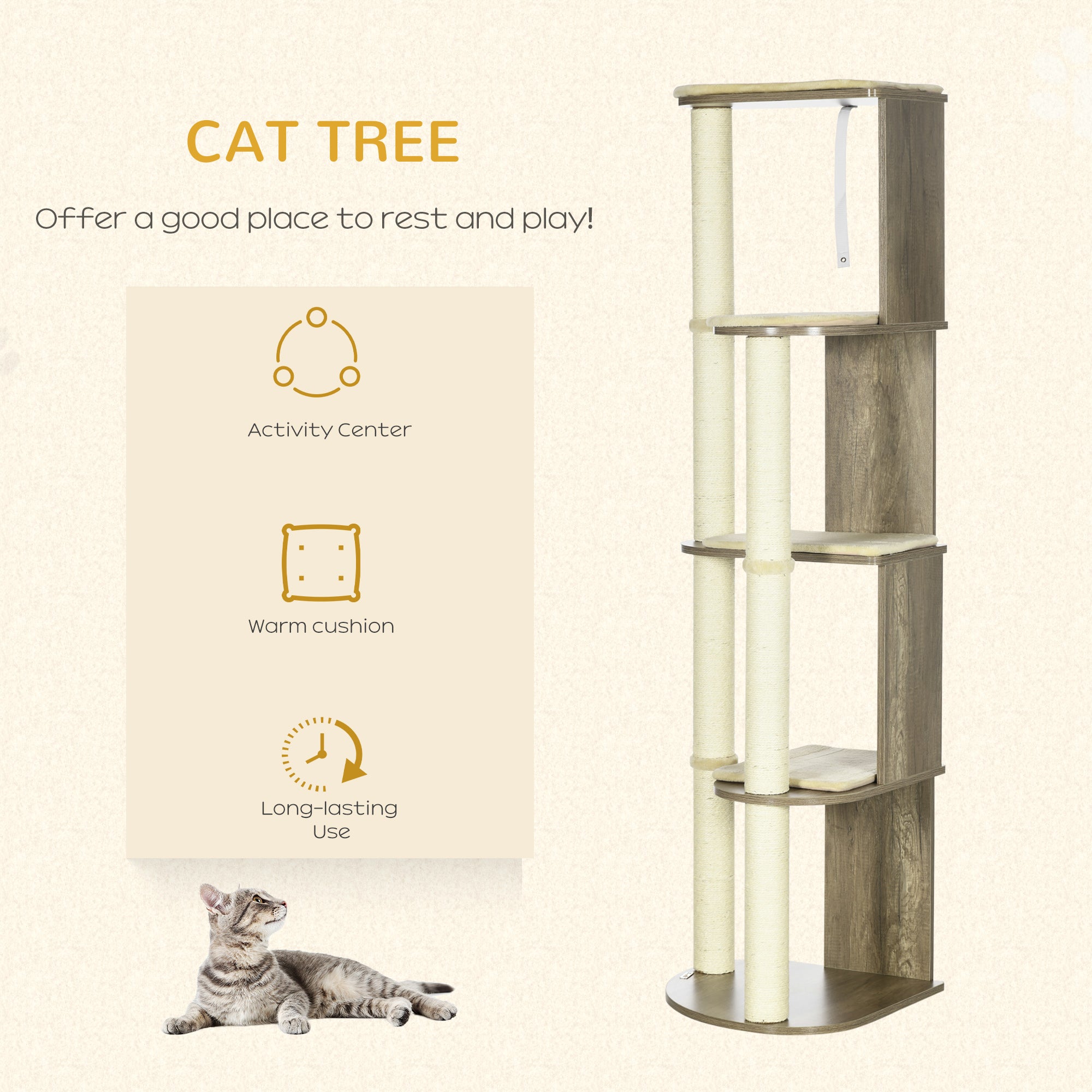 PawHut 65" Cat Tree Tower, Cat Condo Furniture, Multi-Level Activity Center with Jute Scratching Posts, Carpeted Perches