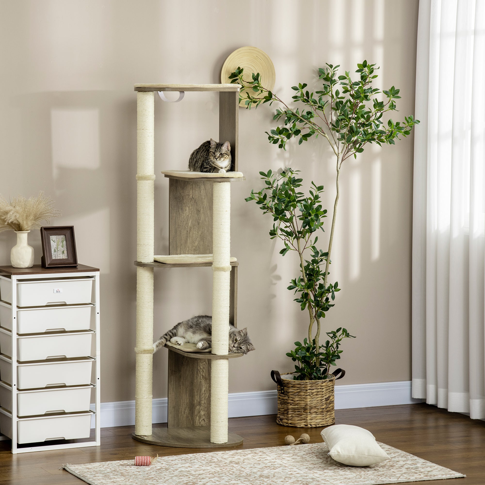 PawHut 65" Cat Tree Tower, Cat Condo Furniture, Multi-Level Activity Center with Jute Scratching Posts, Carpeted Perches