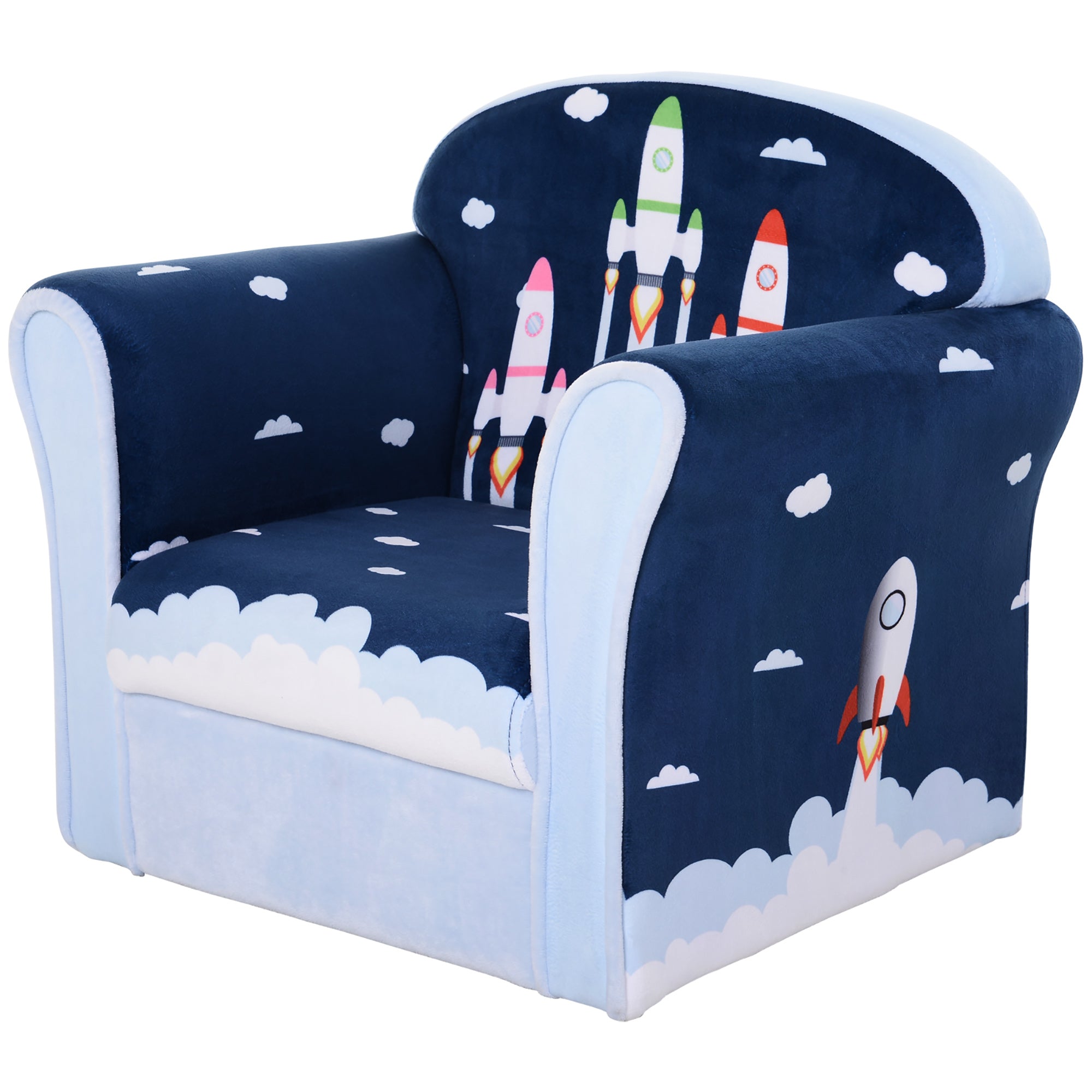 HOMCOM Children's Armchair Flannel Kids Sofa Tub Chair Cartoon Rocket Pattern Wooden Frame Bedroom Playroom Seater Blue