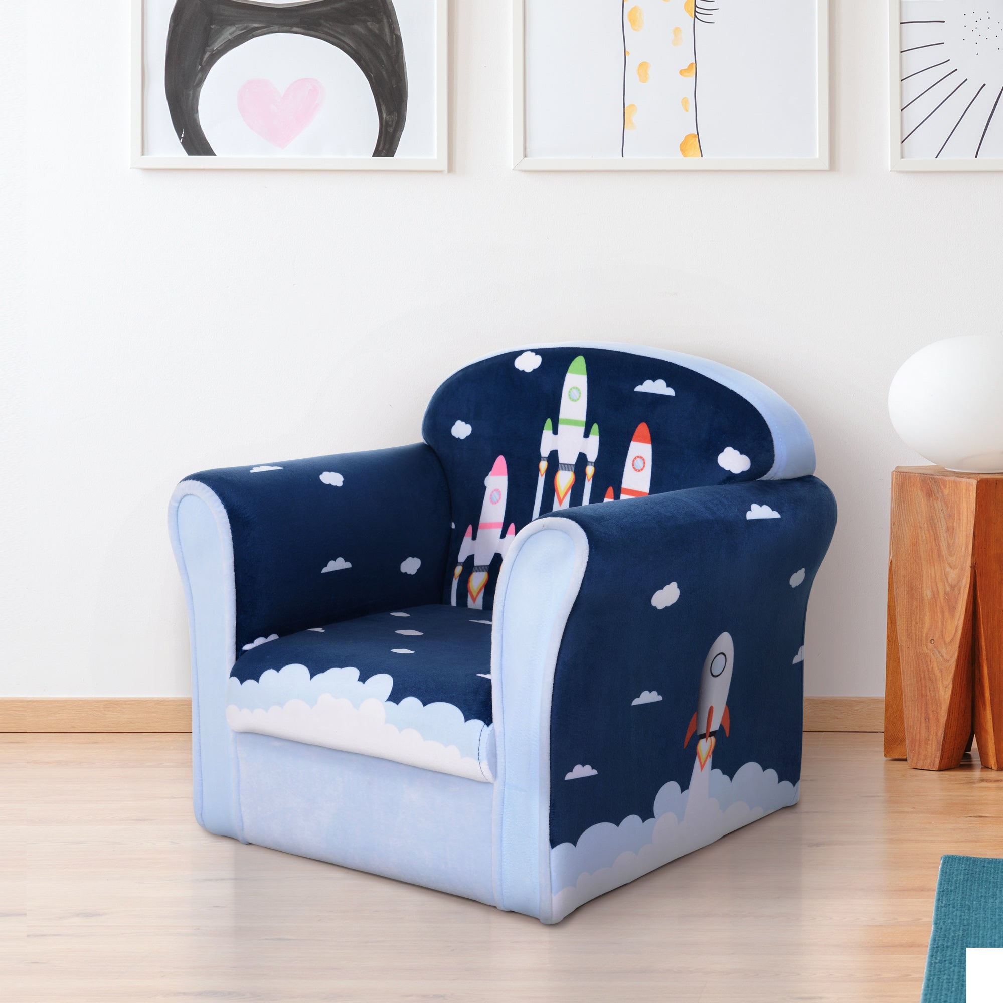 HOMCOM Children's Armchair Flannel Kids Sofa Tub Chair Cartoon Rocket Pattern Wooden Frame Bedroom Playroom Seater Blue