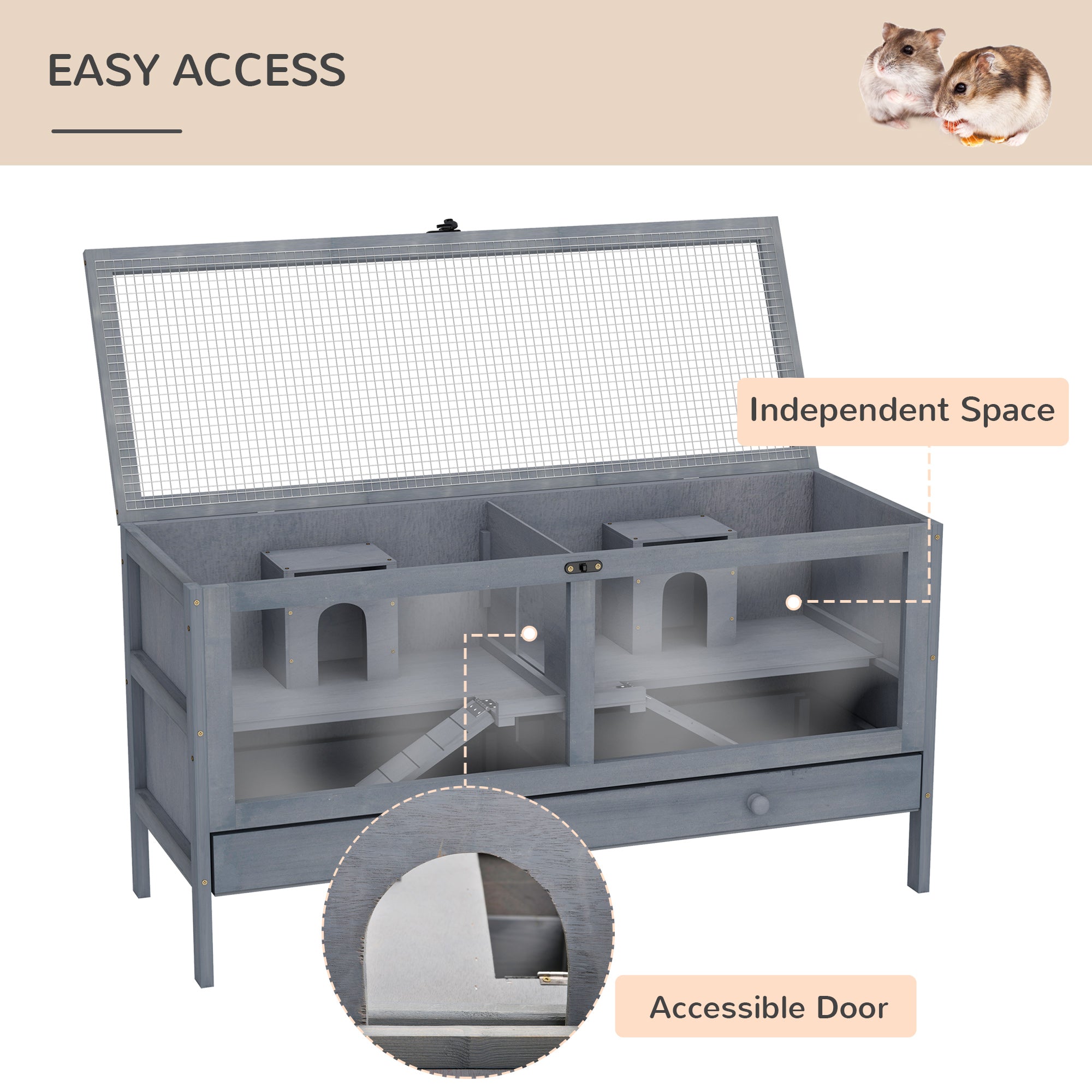 PawHut Wooden Hamster Cage Rodent Mouse Pet Small Animal Kit Large Hut Box Double Room Easy Clean 92 x 34 x 48 cm