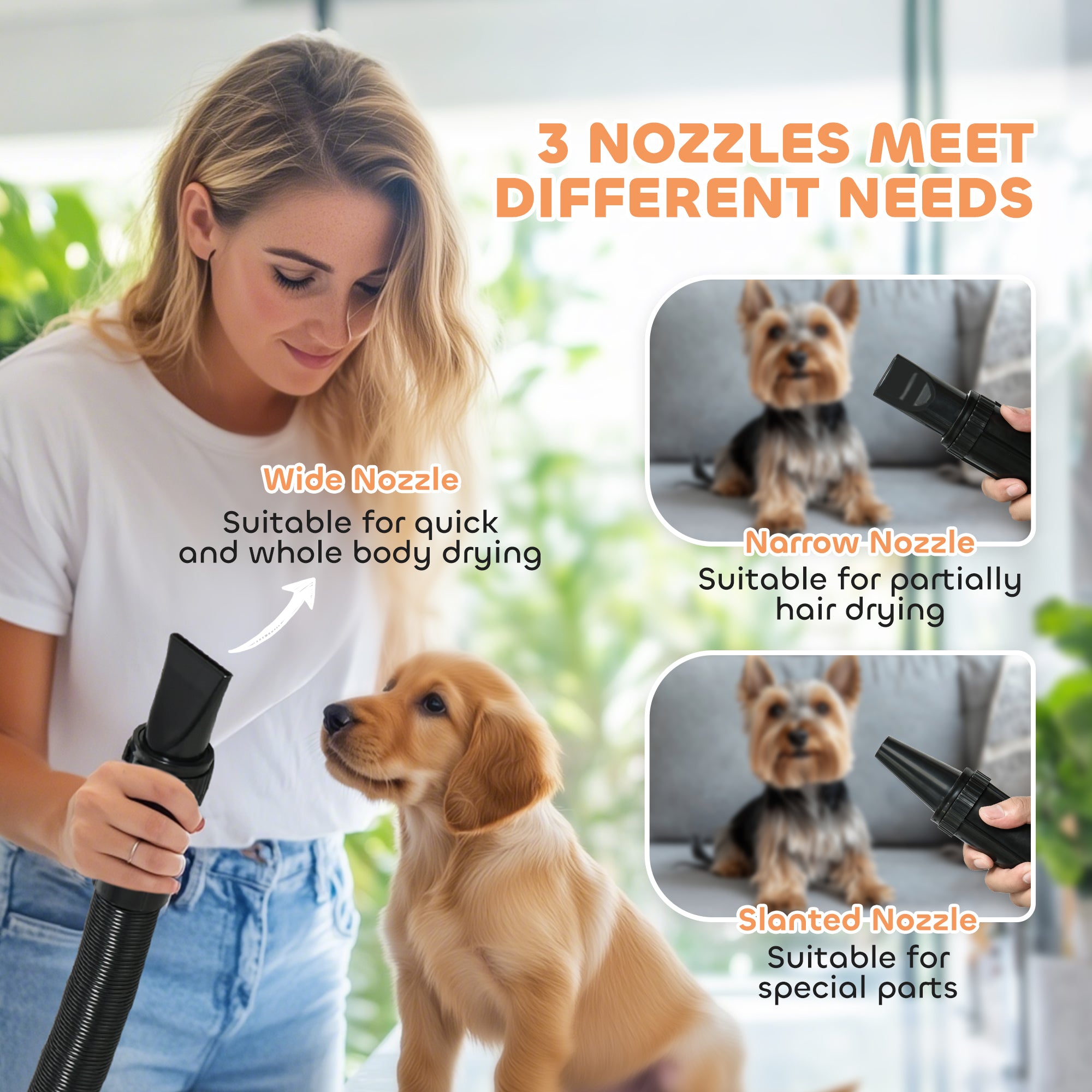 PawHut Dog Hair Dryer, 2200W Pet Grooming Hair Dryer with Adjustable Temperature & Airflow, 3 Nozzles, Digital Screen, Pet Air Blower Blaster Dryer for Dogs Cats, White