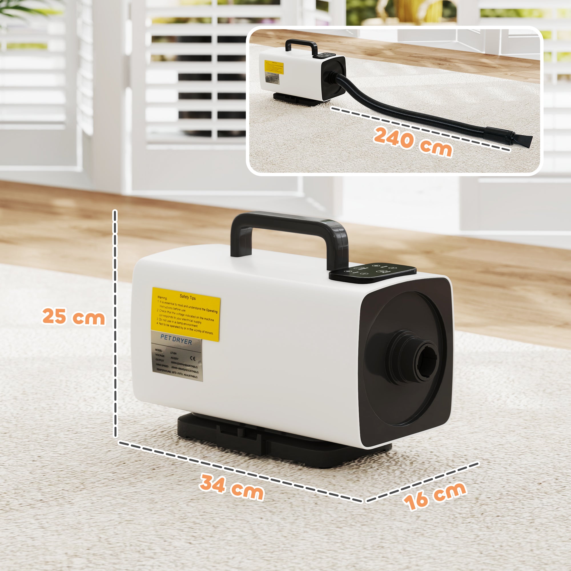 PawHut Dog Hair Dryer, 2200W Pet Grooming Hair Dryer with Adjustable Temperature & Airflow, 3 Nozzles, Digital Screen, Pet Air Blower Blaster Dryer for Dogs Cats, White