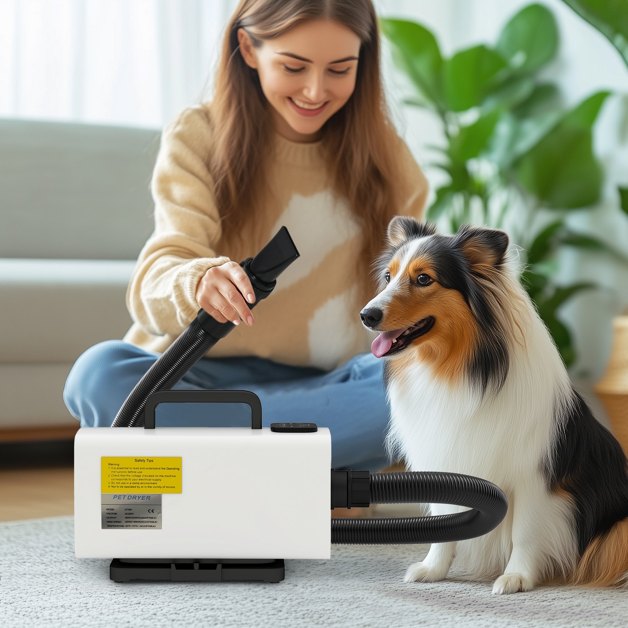 PawHut Dog Hair Dryer, 2200W Pet Grooming Hair Dryer with Adjustable Temperature & Airflow, 3 Nozzles, Digital Screen, Pet Air Blower Blaster Dryer for Dogs Cats, White