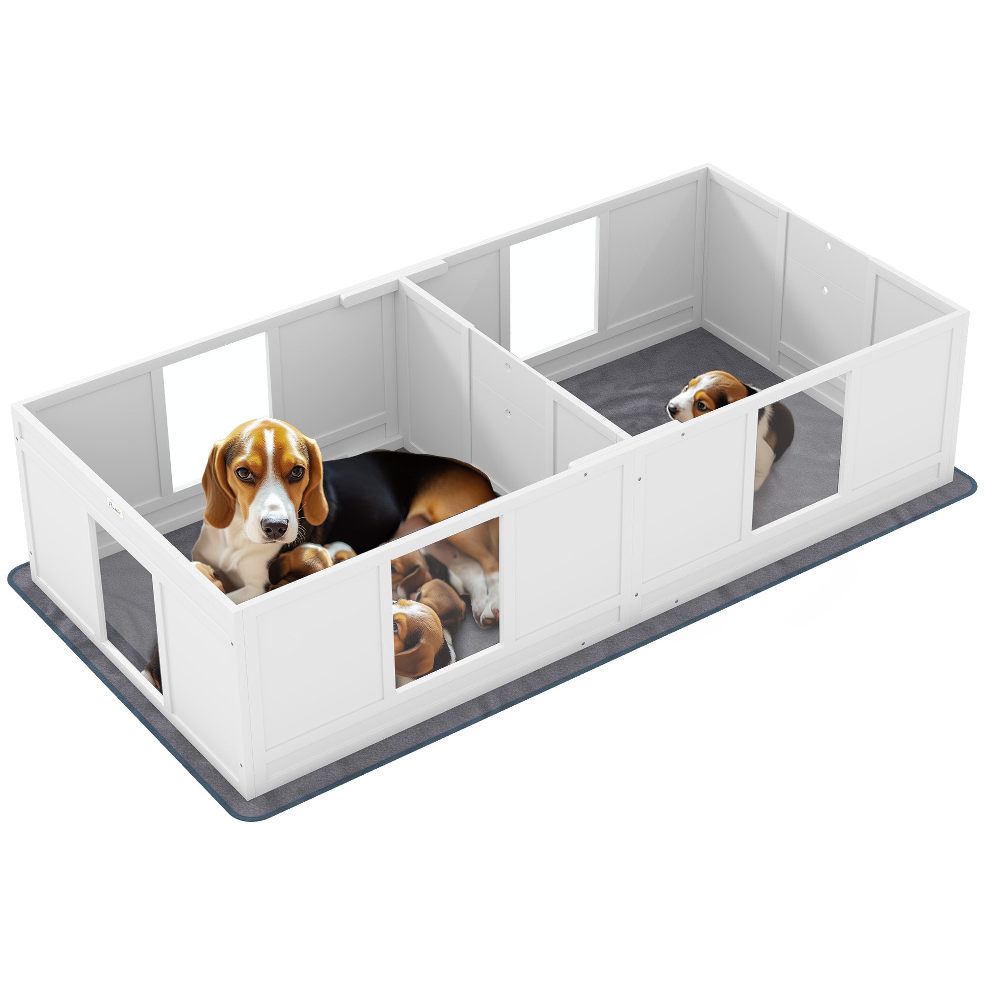 PawHut Whelping Box for Dogs with Water-Resistant Washable Whelping Pad, Dog Whelping Box with Clear Panels, Adjustable Entrance, Two Room Design, Non-Slip Foot Pads, for Medium Dogs, 196 x 96cm