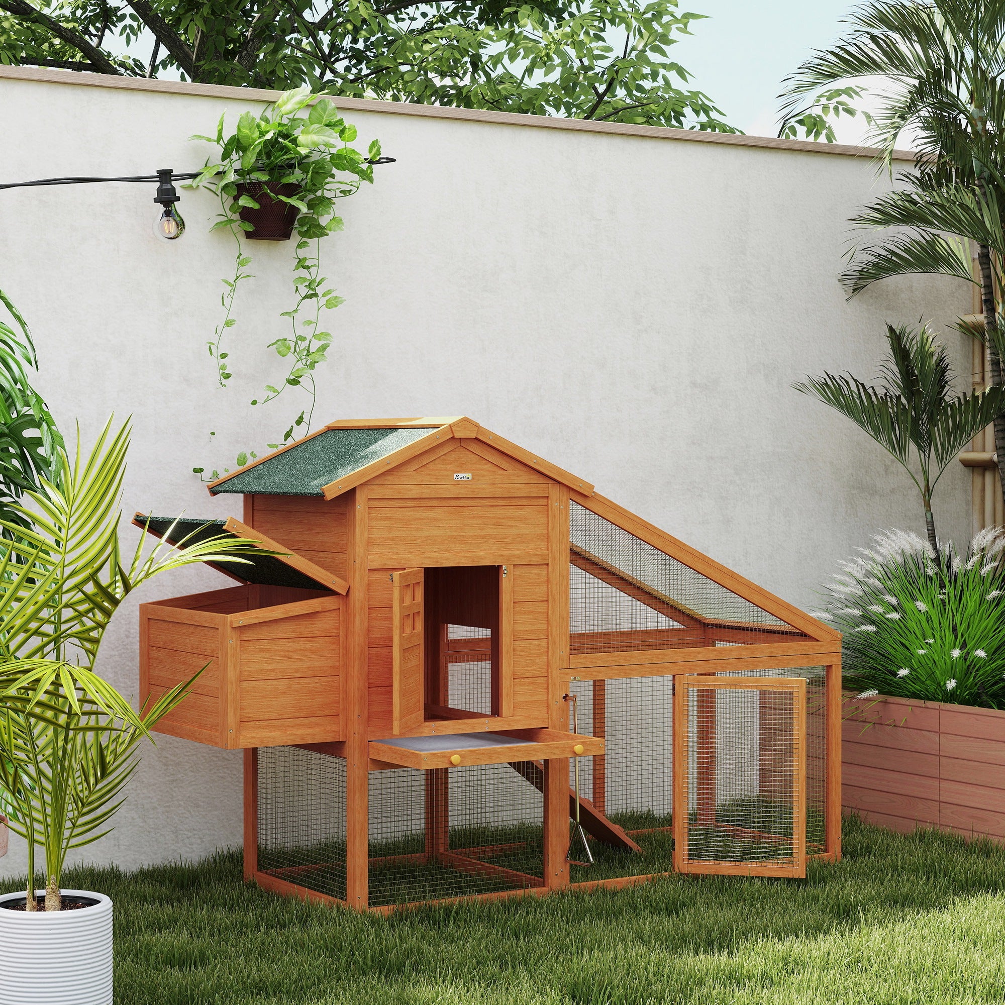 PawHut Chicken Coop with Run Outdoor, Wooden Hen House, Poultry Coop with Nesting Box, Slide-out Tray, Ramp, Perches, Asphalt Roof, 179 x 67 x 115cm