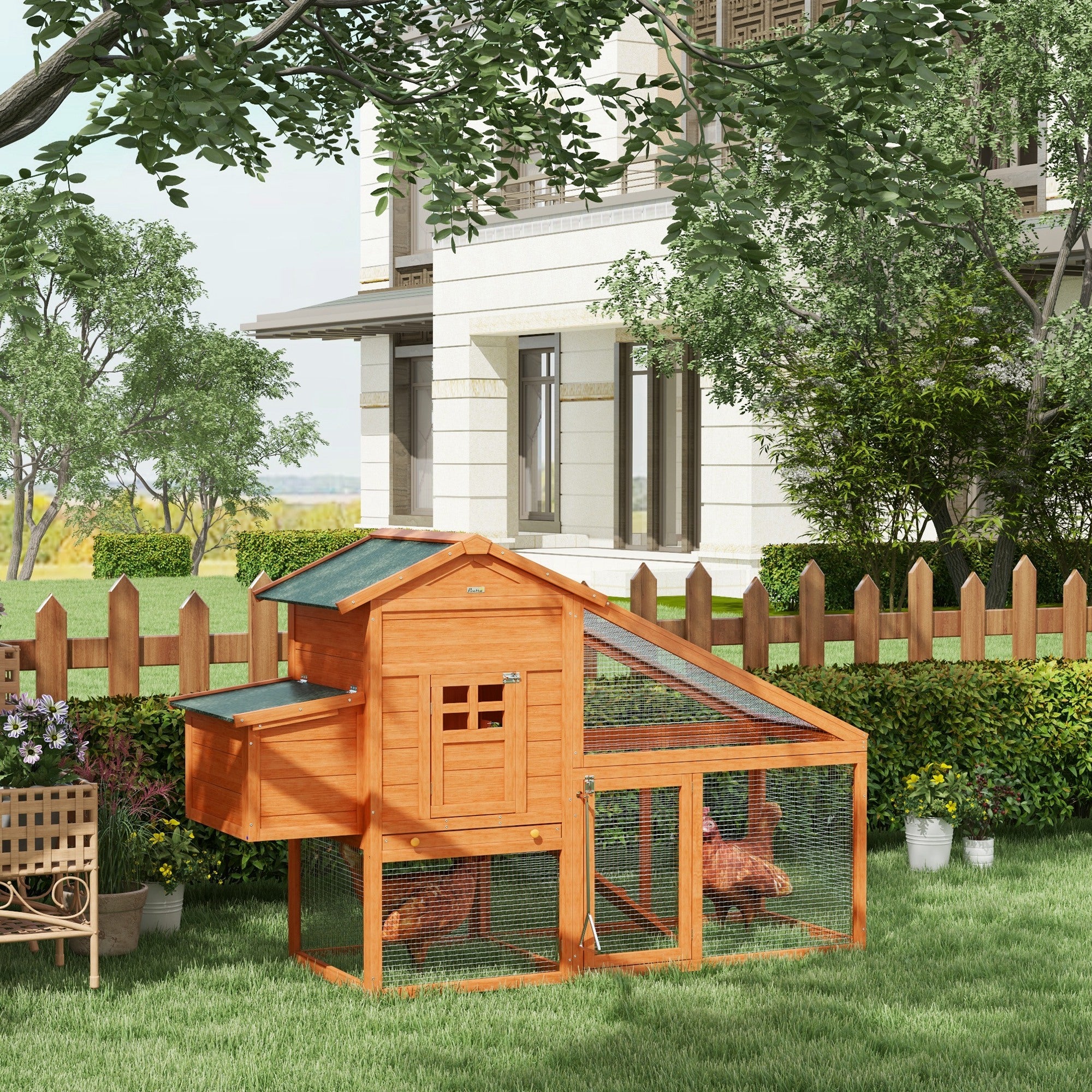 PawHut Chicken Coop with Run Outdoor, Wooden Hen House, Poultry Coop with Nesting Box, Slide-out Tray, Ramp, Perches, Asphalt Roof, 179 x 67 x 115cm