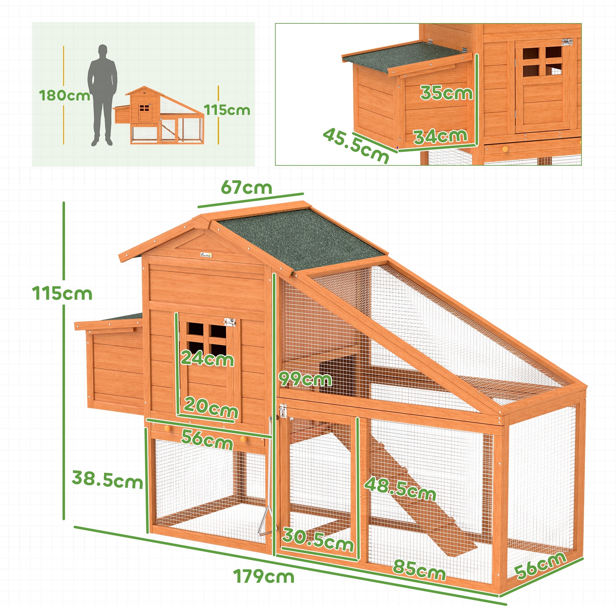PawHut Chicken Coop with Run Outdoor, Wooden Hen House, Poultry Coop with Nesting Box, Slide-out Tray, Ramp, Perches, Asphalt Roof, 179 x 67 x 115cm