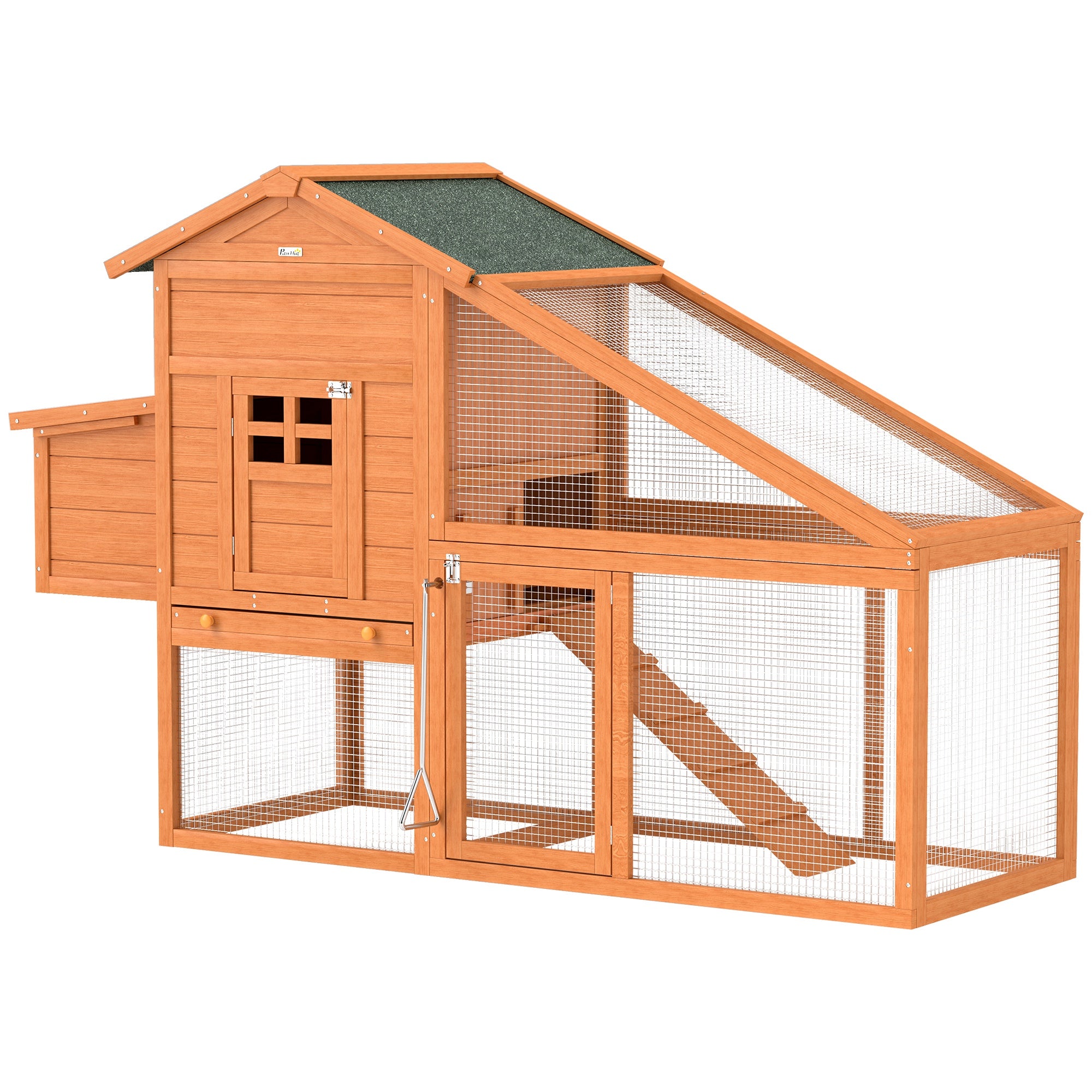 PawHut Chicken Coop with Run Outdoor, Wooden Hen House, Poultry Coop with Nesting Box, Slide-out Tray, Ramp, Perches, Asphalt Roof, 179 x 67 x 115cm