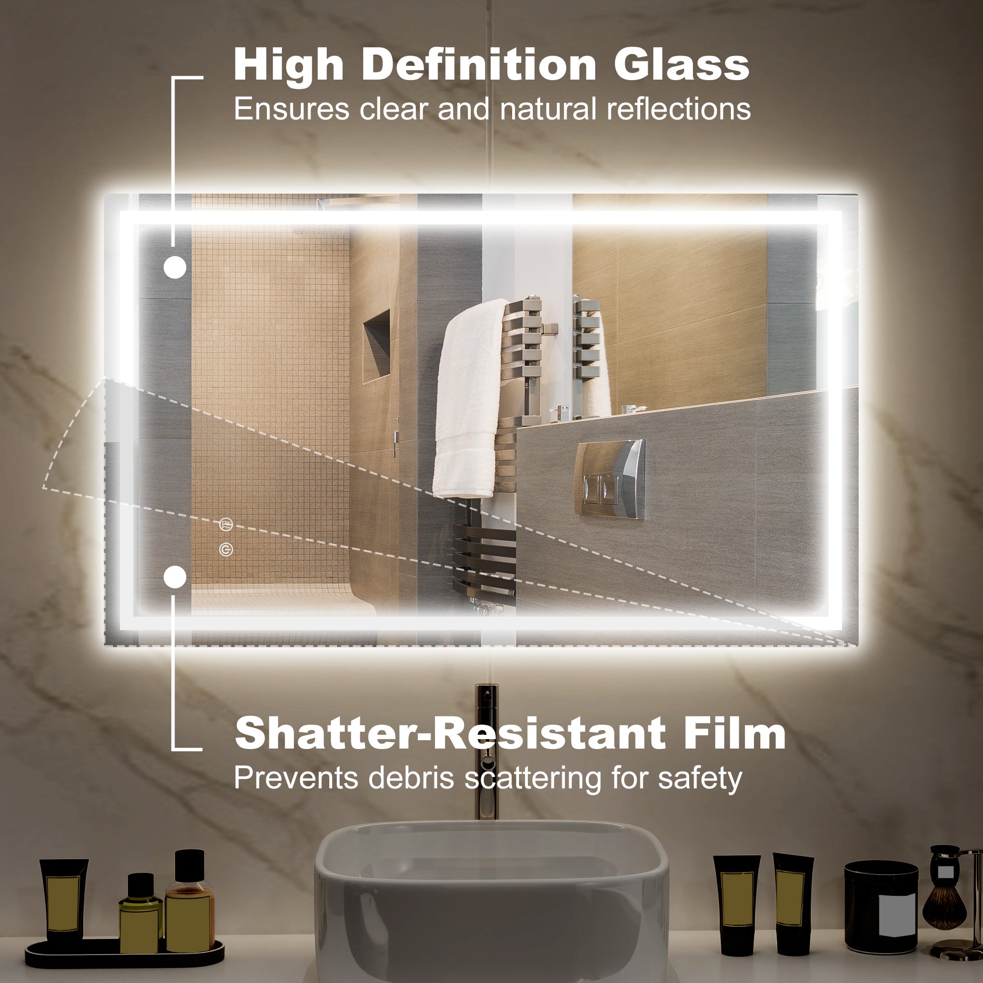 HOMCOM 39" x 24" LED Bathroom Mirror with Frontlit and Backlit, 3 Colour and Dimmable Frameless Vanity Mirror, Wall Mounted Makeup Mirror with Anti-Fog and Touch Button, Clear