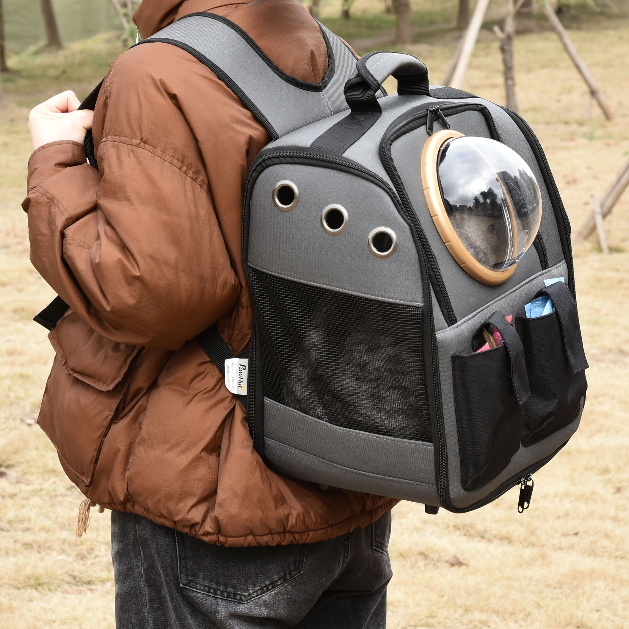 PawHut Foldable Pet Carrier Backpack with Two Storage Packets, Breathable Mesh, Transparent Window & Adjustable Shoulder Strap for Small Cats & Dogs Travel Hiking, Grey