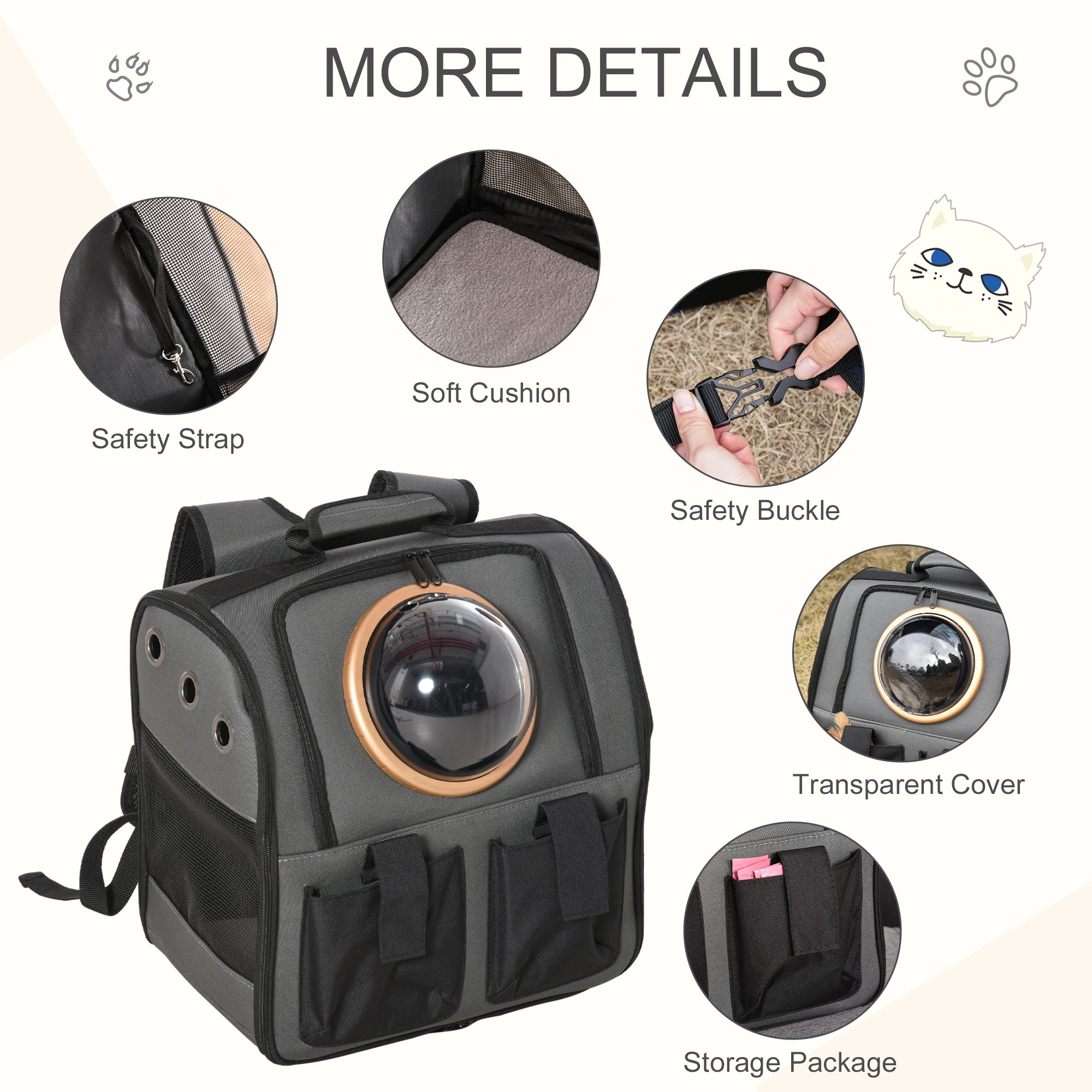 PawHut Foldable Pet Carrier Backpack with Two Storage Packets, Breathable Mesh, Transparent Window & Adjustable Shoulder Strap for Small Cats & Dogs Travel Hiking, Grey