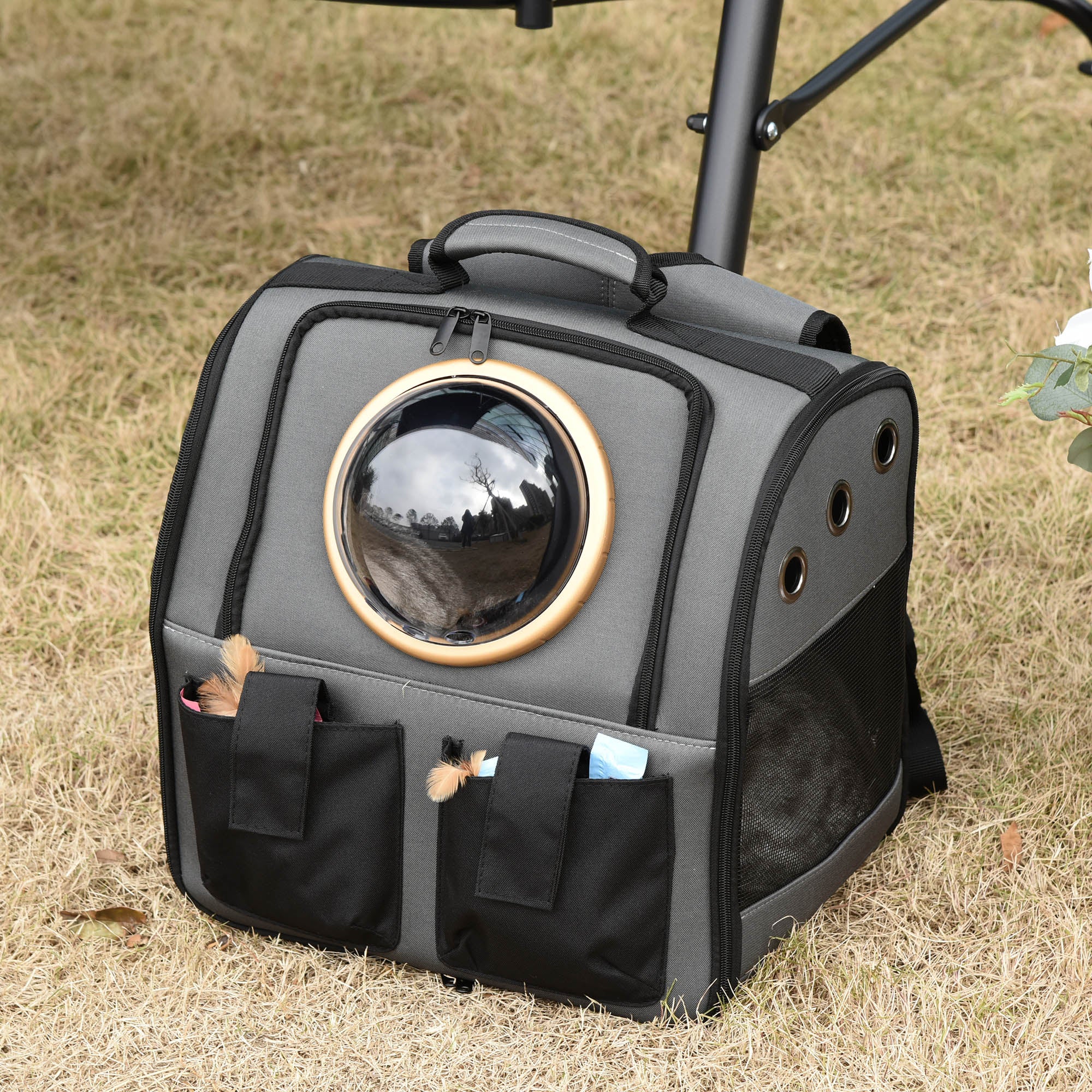 PawHut Foldable Pet Carrier Backpack with Two Storage Packets, Breathable Mesh, Transparent Window & Adjustable Shoulder Strap for Small Cats & Dogs Travel Hiking, Grey