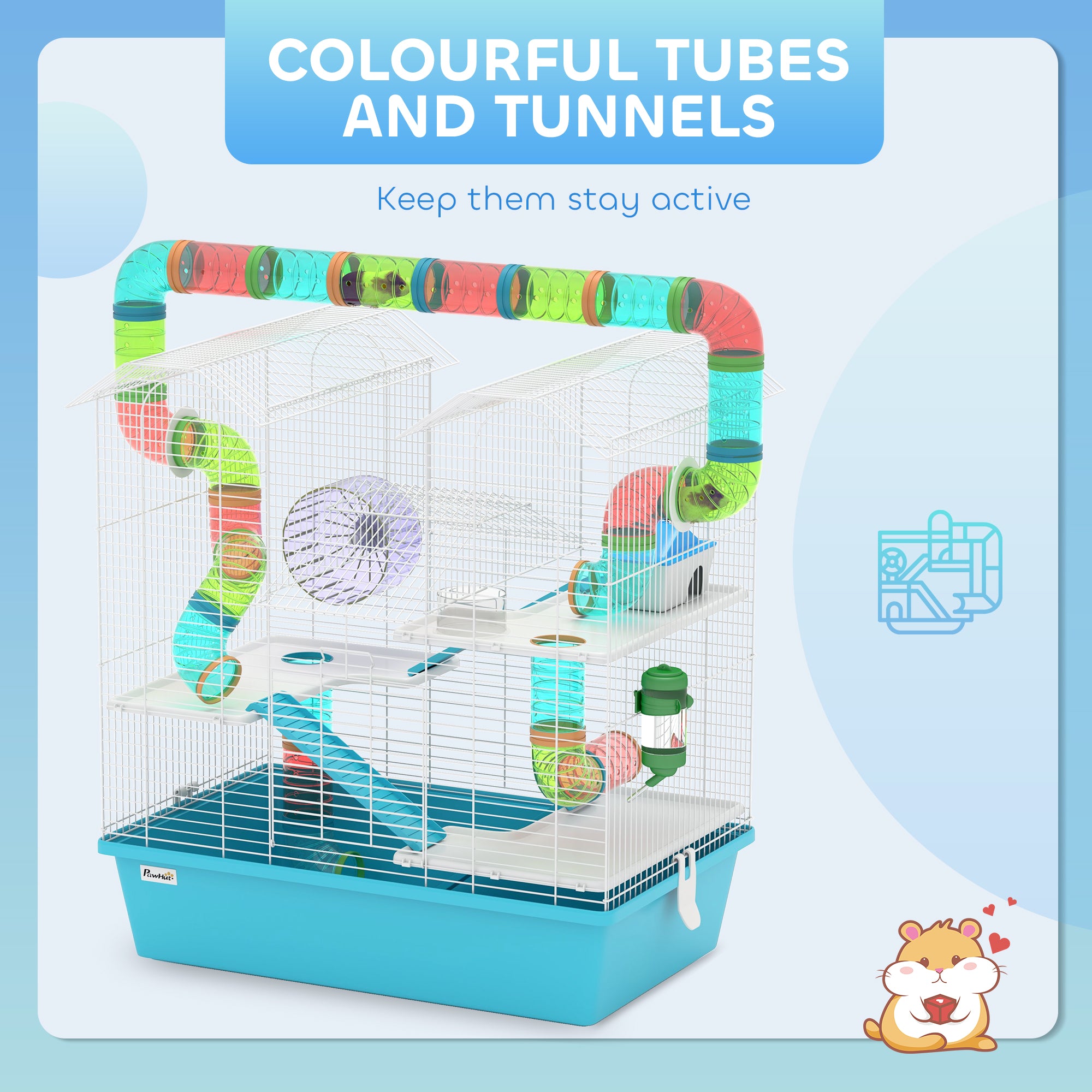 PawHut 4 Tier Hamster Cage, Gerbil Cage with Tubes, Exercise Wheel, Hut, Water Bottle, Food Dish, Ramps, DIY Design Large Hamster Cage for Drawf, 58 x 36 x 65cm, Light Blue