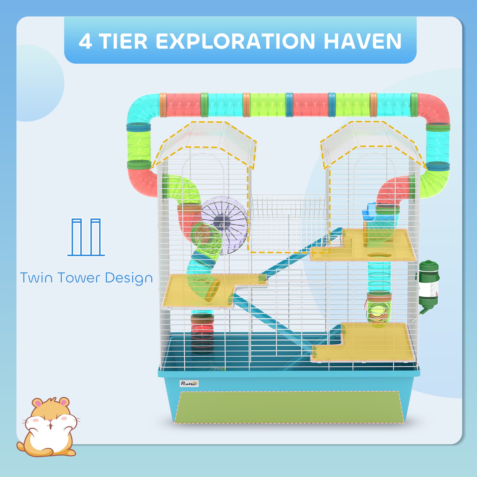 PawHut 4 Tier Hamster Cage, Gerbil Cage with Tubes, Exercise Wheel, Hut, Water Bottle, Food Dish, Ramps, DIY Design Large Hamster Cage for Drawf, 58 x 36 x 65cm, Light Blue