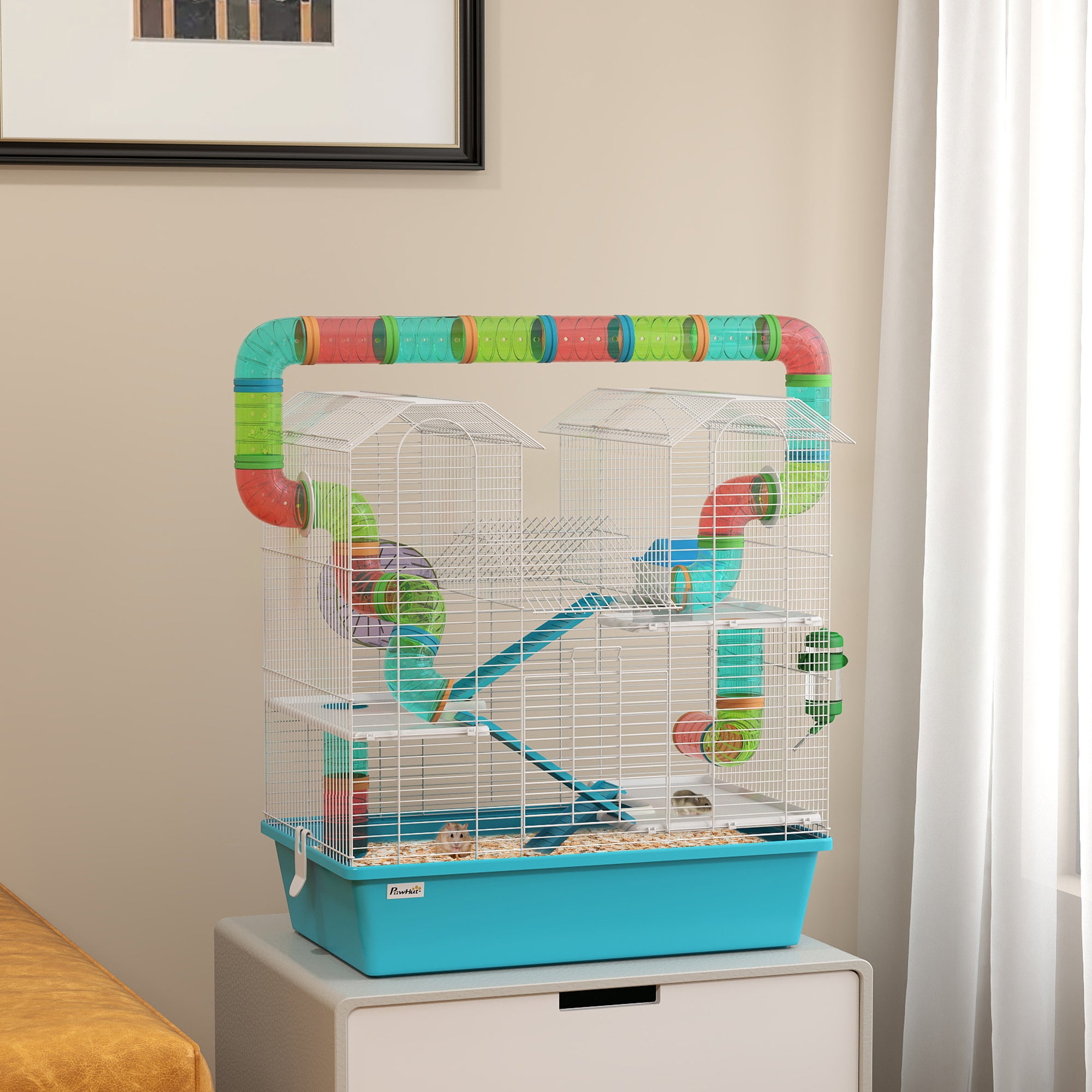 PawHut 4 Tier Hamster Cage, Gerbil Cage with Tubes, Exercise Wheel, Hut, Water Bottle, Food Dish, Ramps, DIY Design Large Hamster Cage for Drawf, 58 x 36 x 65cm, Light Blue