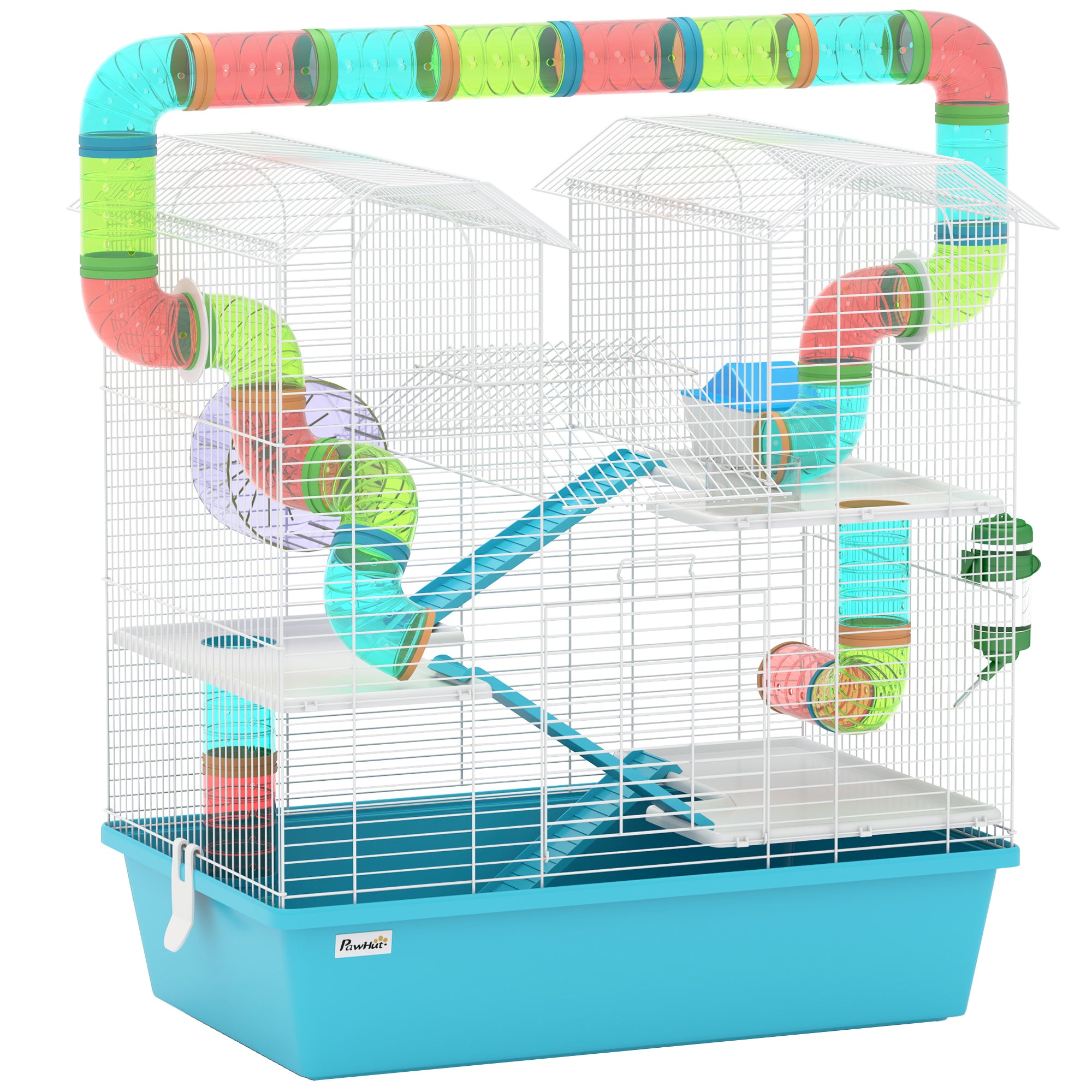 PawHut 4 Tier Hamster Cage, Gerbil Cage with Tubes, Exercise Wheel, Hut, Water Bottle, Food Dish, Ramps, DIY Design Large Hamster Cage for Drawf, 58 x 36 x 65cm, Light Blue