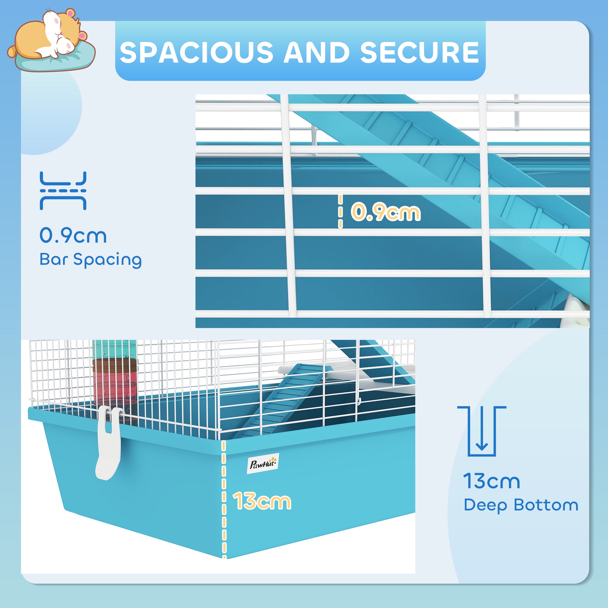 PawHut 4 Tier Hamster Cage, Gerbil Cage with Tubes, Exercise Wheel, Hut, Water Bottle, Food Dish, Ramps, DIY Design Large Hamster Cage for Drawf, 58 x 36 x 65cm, Light Blue