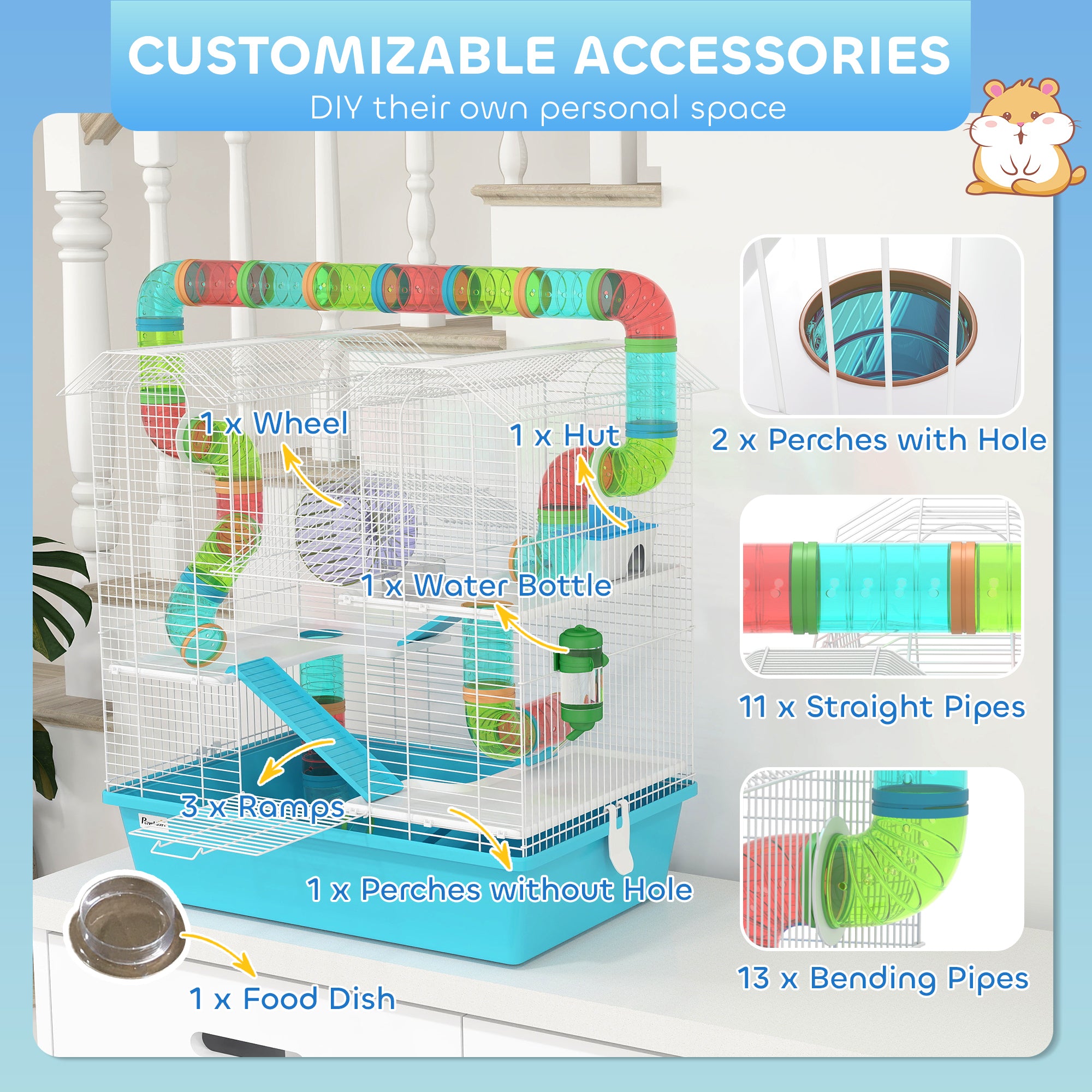 PawHut 4 Tier Hamster Cage, Gerbil Cage with Tubes, Exercise Wheel, Hut, Water Bottle, Food Dish, Ramps, DIY Design Large Hamster Cage for Drawf, 58 x 36 x 65cm, Light Blue