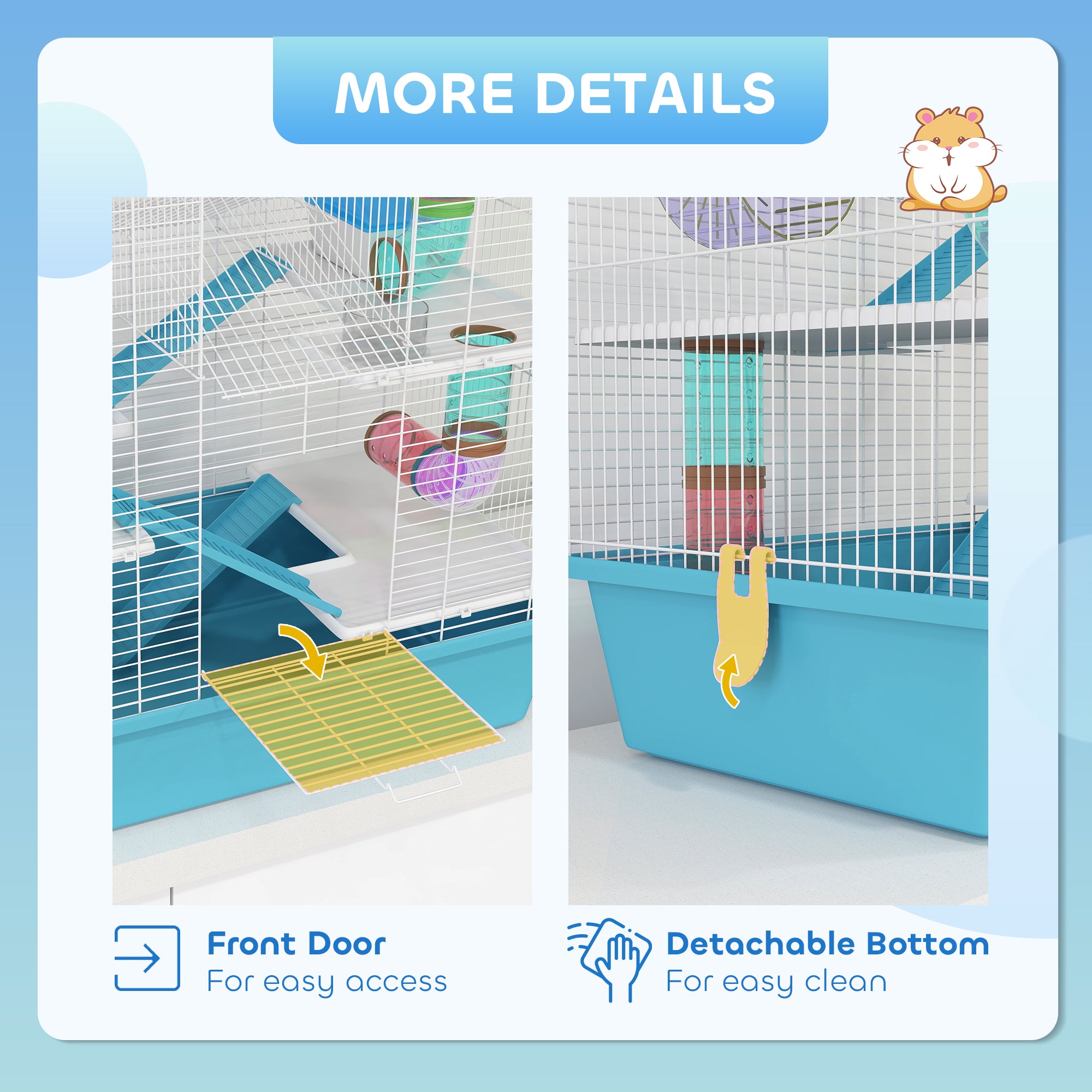 PawHut 4 Tier Hamster Cage, Gerbil Cage with Tubes, Exercise Wheel, Hut, Water Bottle, Food Dish, Ramps, DIY Design Large Hamster Cage for Drawf, 58 x 36 x 65cm, Light Blue