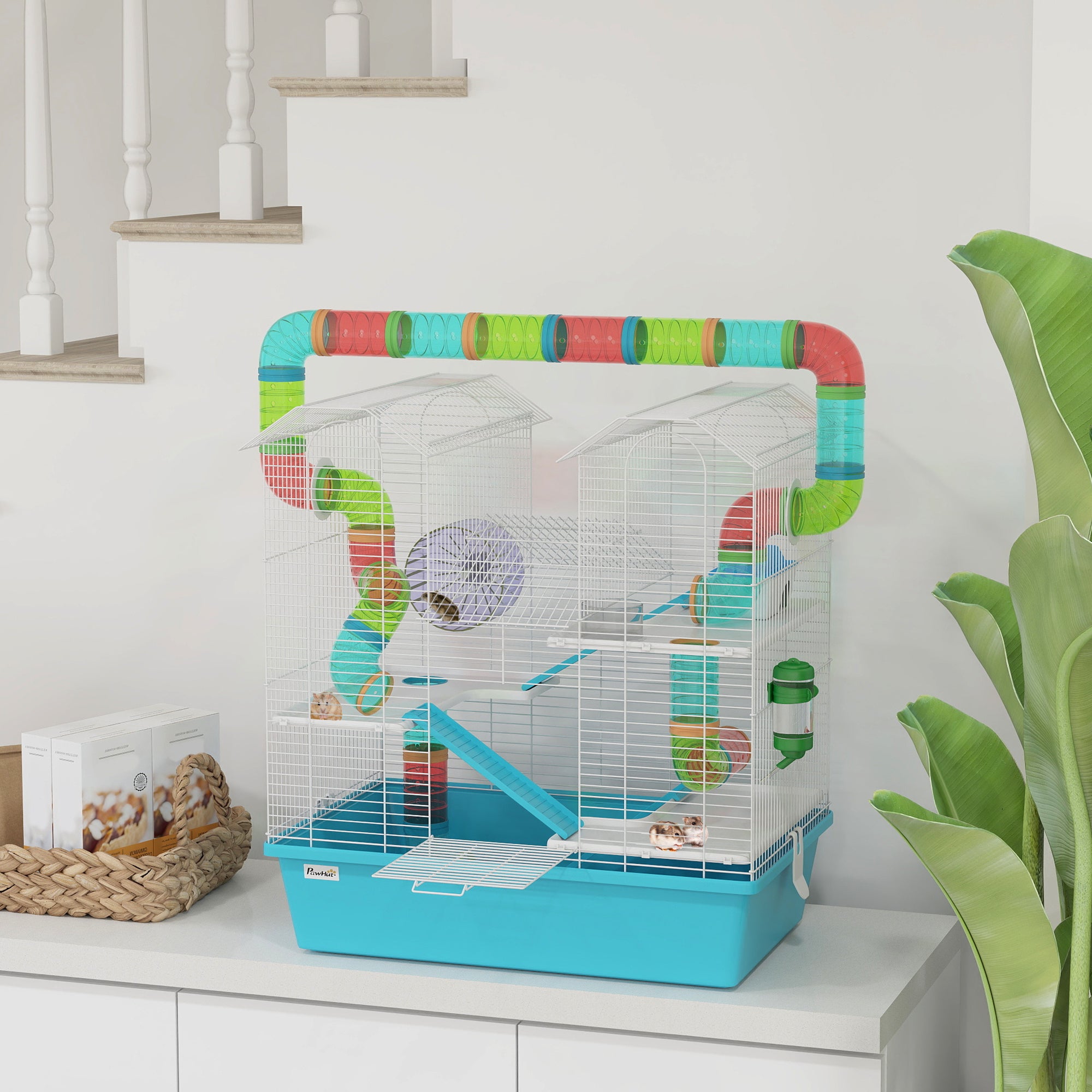PawHut 4 Tier Hamster Cage, Gerbil Cage with Tubes, Exercise Wheel, Hut, Water Bottle, Food Dish, Ramps, DIY Design Large Hamster Cage for Drawf, 58 x 36 x 65cm, Light Blue