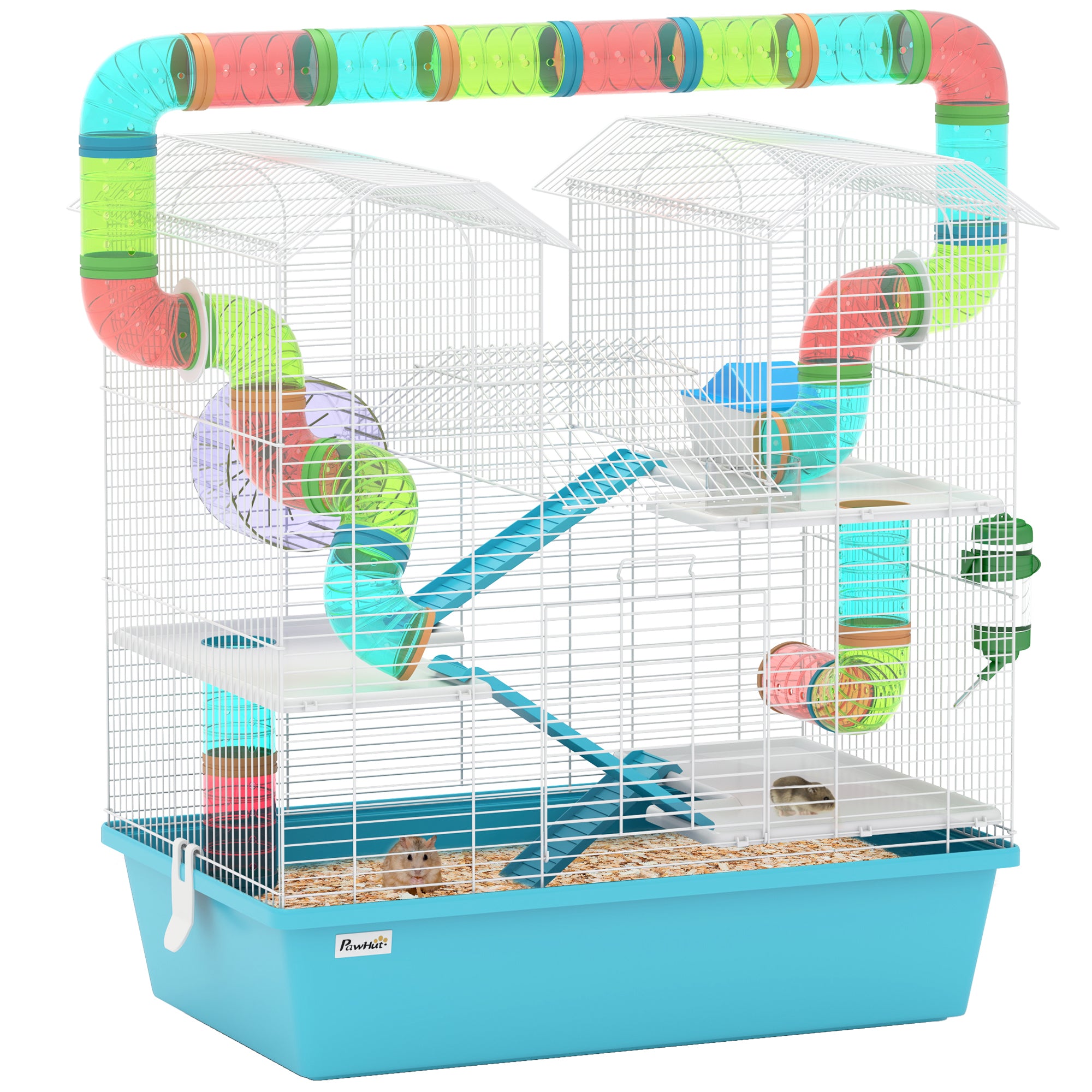 PawHut 4 Tier Hamster Cage, Gerbil Cage with Tubes, Exercise Wheel, Hut, Water Bottle, Food Dish, Ramps, DIY Design Large Hamster Cage for Drawf, 58 x 36 x 65cm, Light Blue