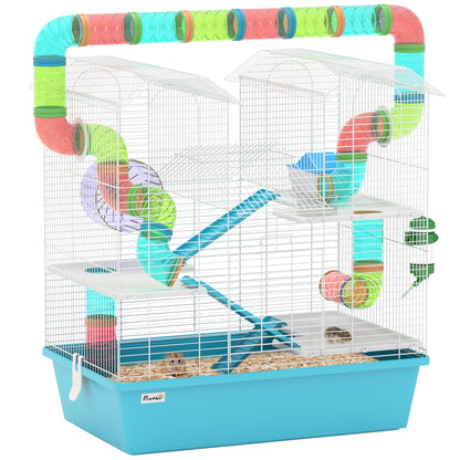 PawHut 4 Tier Hamster Cage, Gerbil Cage with Tubes, Exercise Wheel, Hut, Water Bottle, Food Dish, Ramps, DIY Design Large Hamster Cage for Drawf, 58 x 36 x 65cm, Light Blue