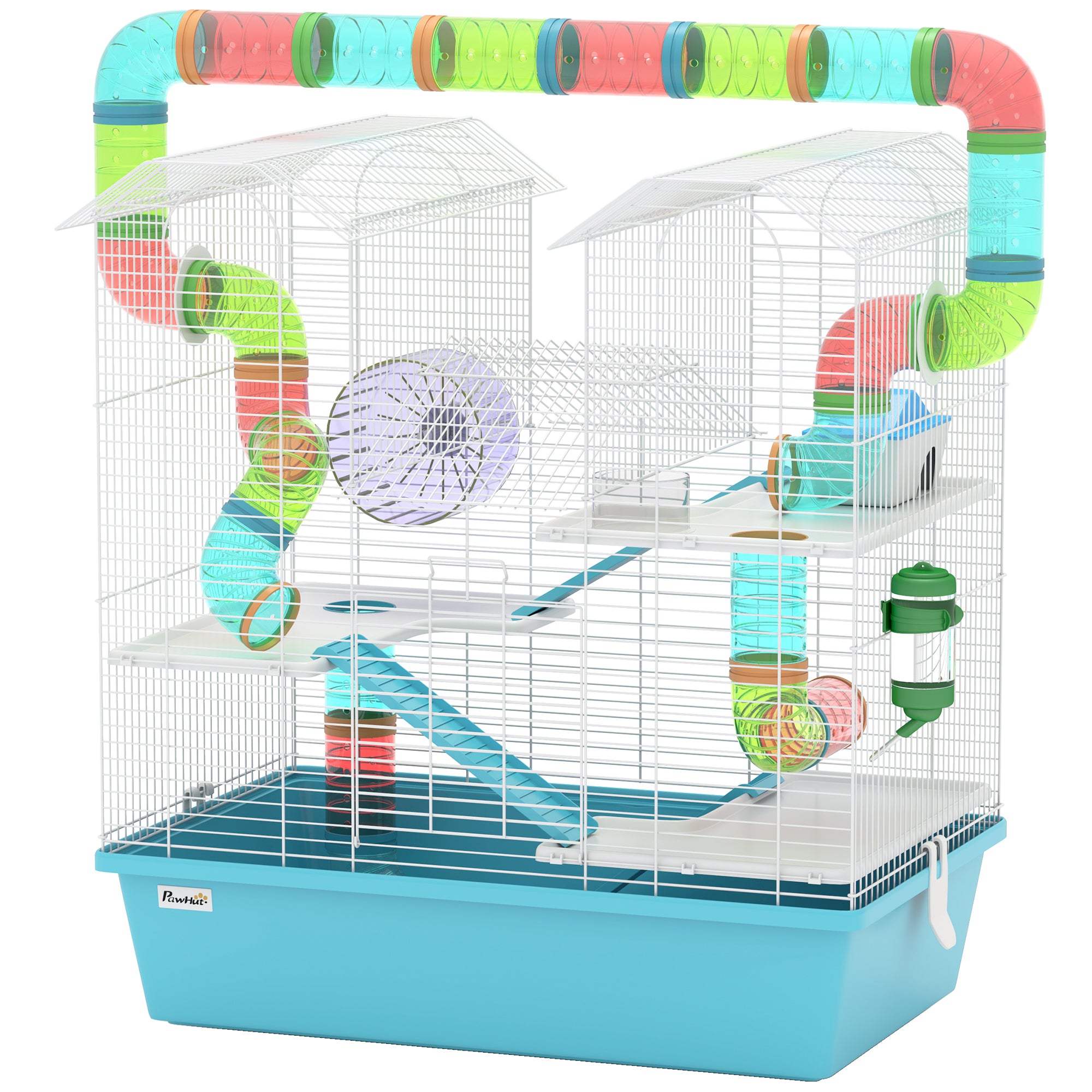 PawHut 4 Tier Hamster Cage, Gerbil Cage with Tubes, Exercise Wheel, Hut, Water Bottle, Food Dish, Ramps, DIY Design Large Hamster Cage for Drawf, 58 x 36 x 65cm, Light Blue