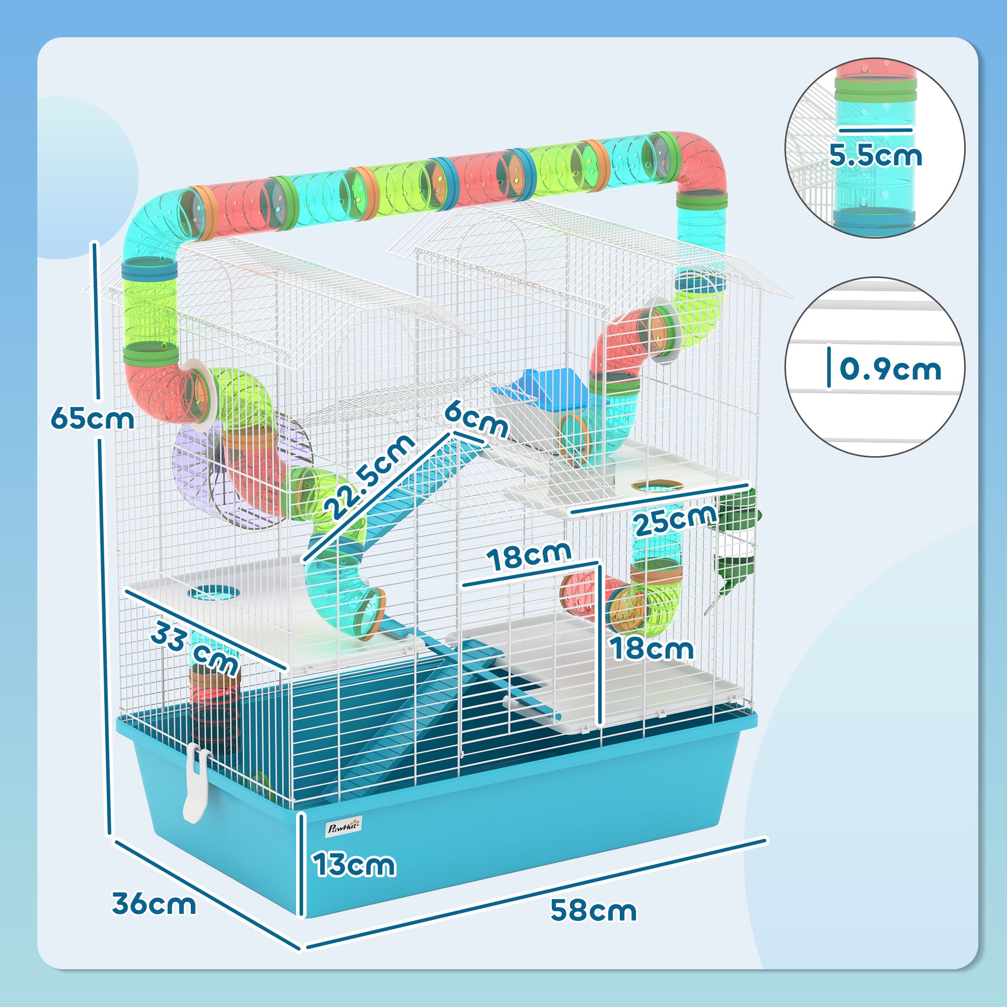 PawHut 4 Tier Hamster Cage, Gerbil Cage with Tubes, Exercise Wheel, Hut, Water Bottle, Food Dish, Ramps, DIY Design Large Hamster Cage for Drawf, 58 x 36 x 65cm, Light Blue