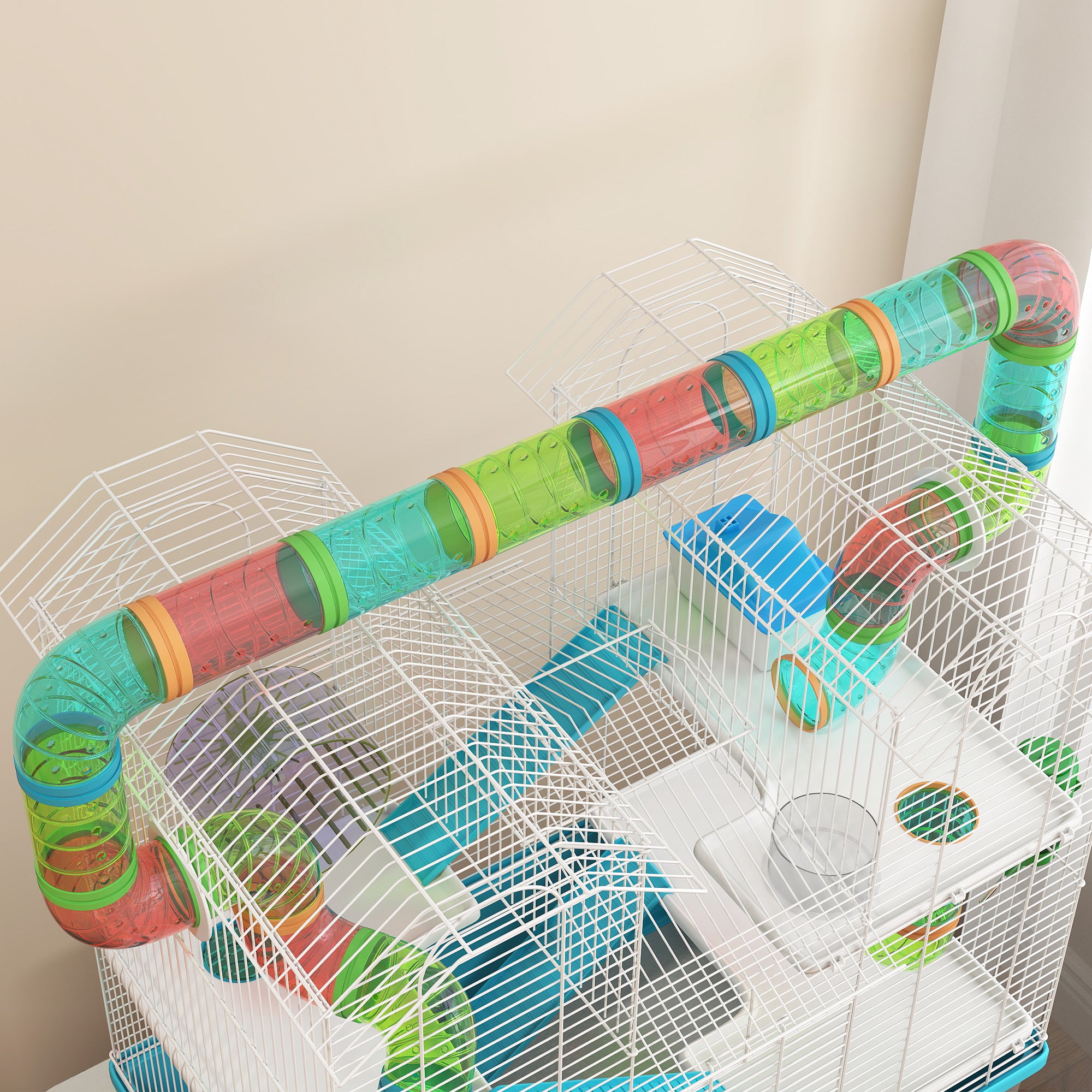 PawHut 4 Tier Hamster Cage, Gerbil Cage with Tubes, Exercise Wheel, Hut, Water Bottle, Food Dish, Ramps, DIY Design Large Hamster Cage for Drawf, 58 x 36 x 65cm, Light Blue