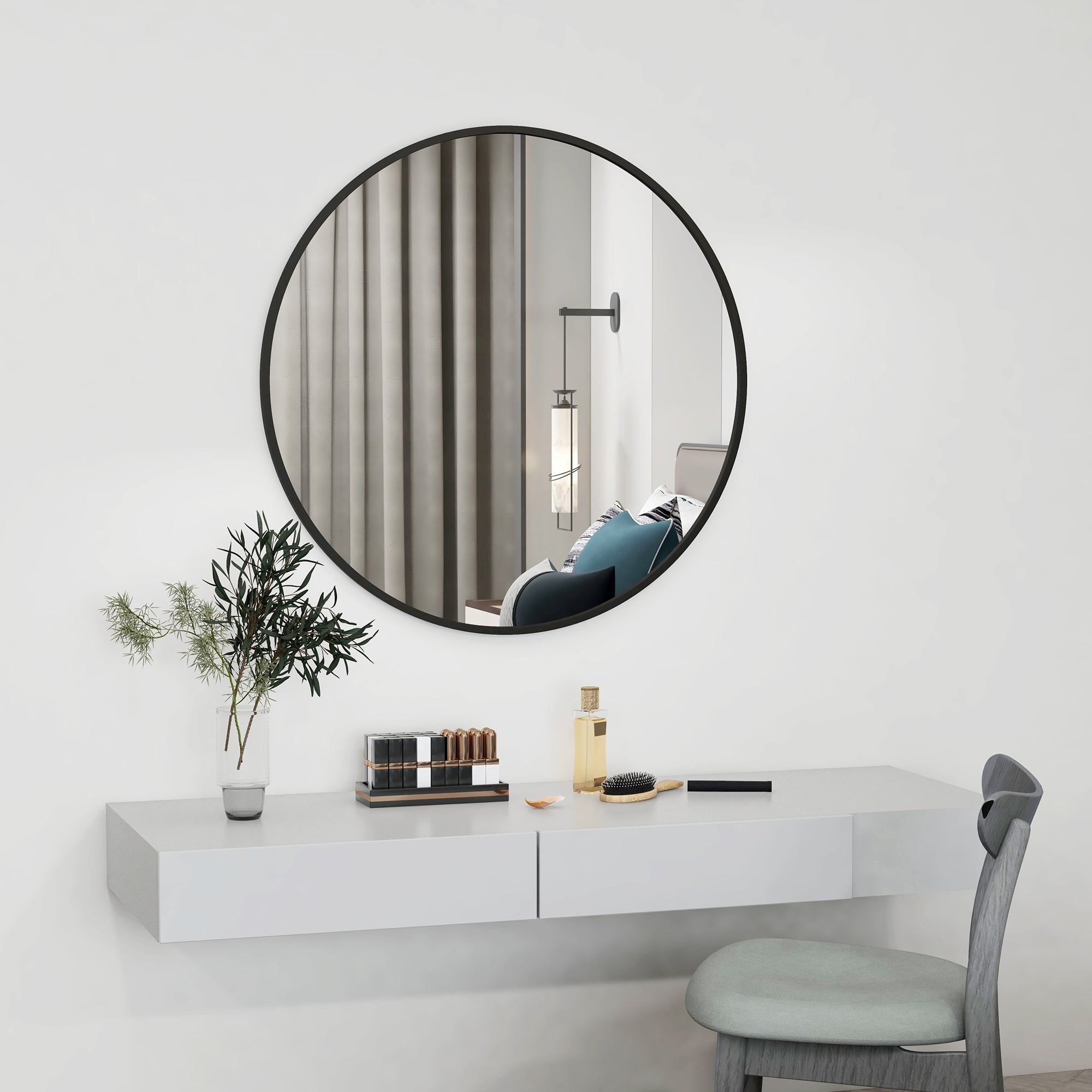 HOMCOM 36" Round Wall Mirror, Bathroom Mirror for Living Room, Bedroom, Entryway, Home Decor, Black