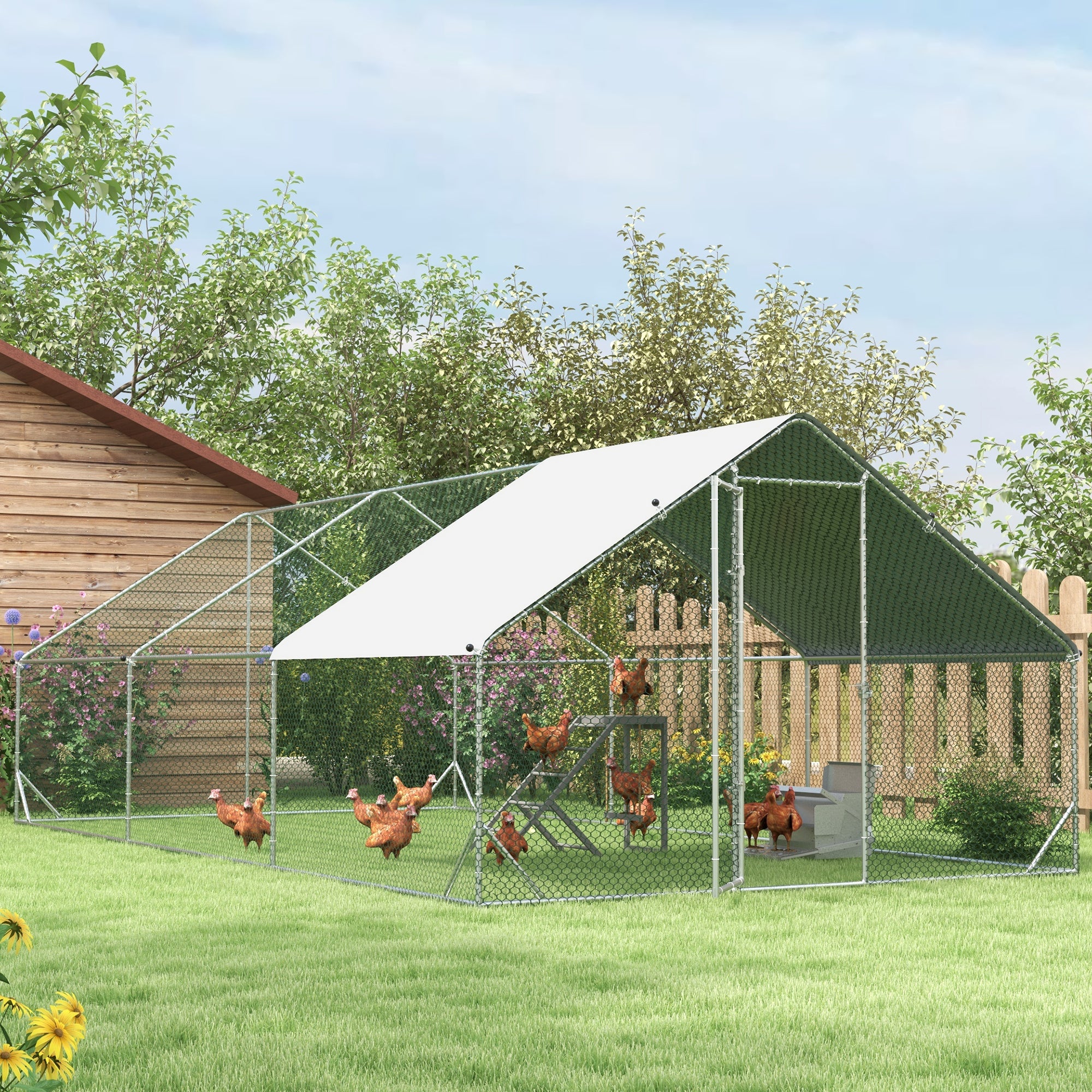 PawHut Chicken Run Galvanised Walk-in Chicken Coop Hen Poultry House Cage Rabbit Hutch Pet Playpen Garden w/ Water-Resist Cover, 3 x 6 x 2m