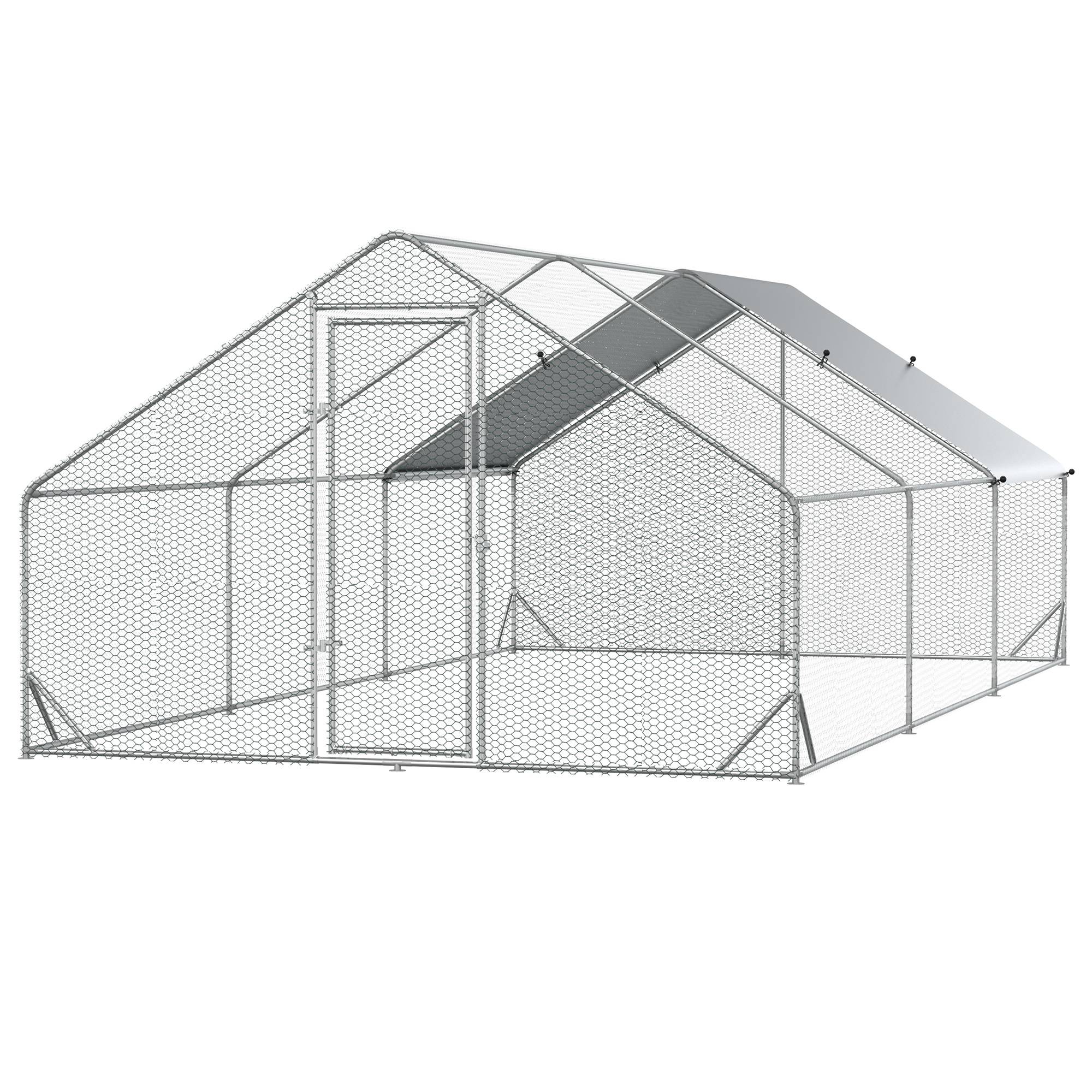 PawHut Metal Chicken Coop, Walk-in Large Chicken Run, Poultry Cage for Backyard Hen, Duck, Rabbit with Water- and UV-Protection Cover, for 12-18 Chickens, 9.8' x 19.7' x 6.6'