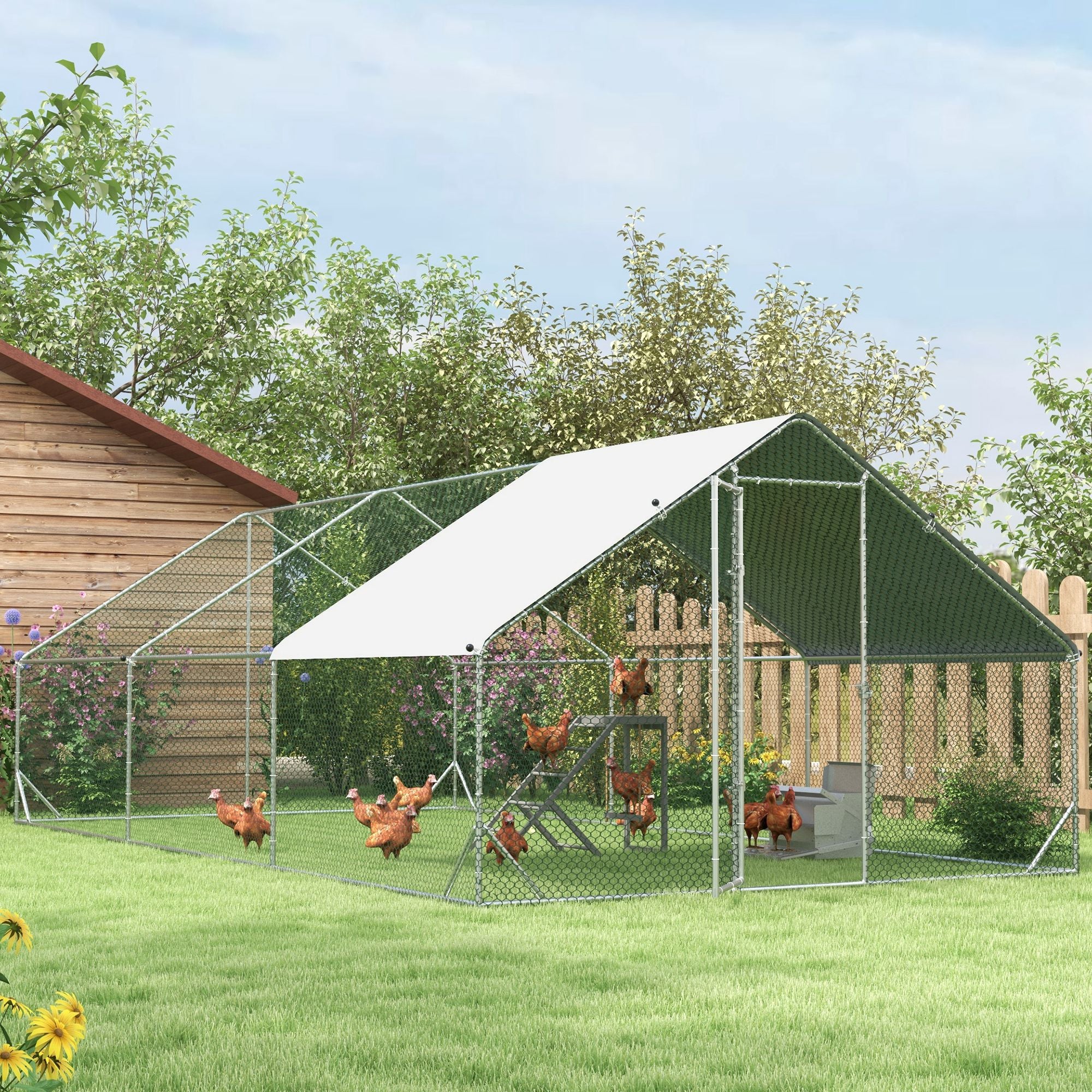 PawHut Metal Chicken Coop, Walk-in Large Chicken Run, Poultry Cage for Backyard Hen, Duck, Rabbit with Water- and UV-Protection Cover, for 12-18 Chickens, 9.8' x 19.7' x 6.6'