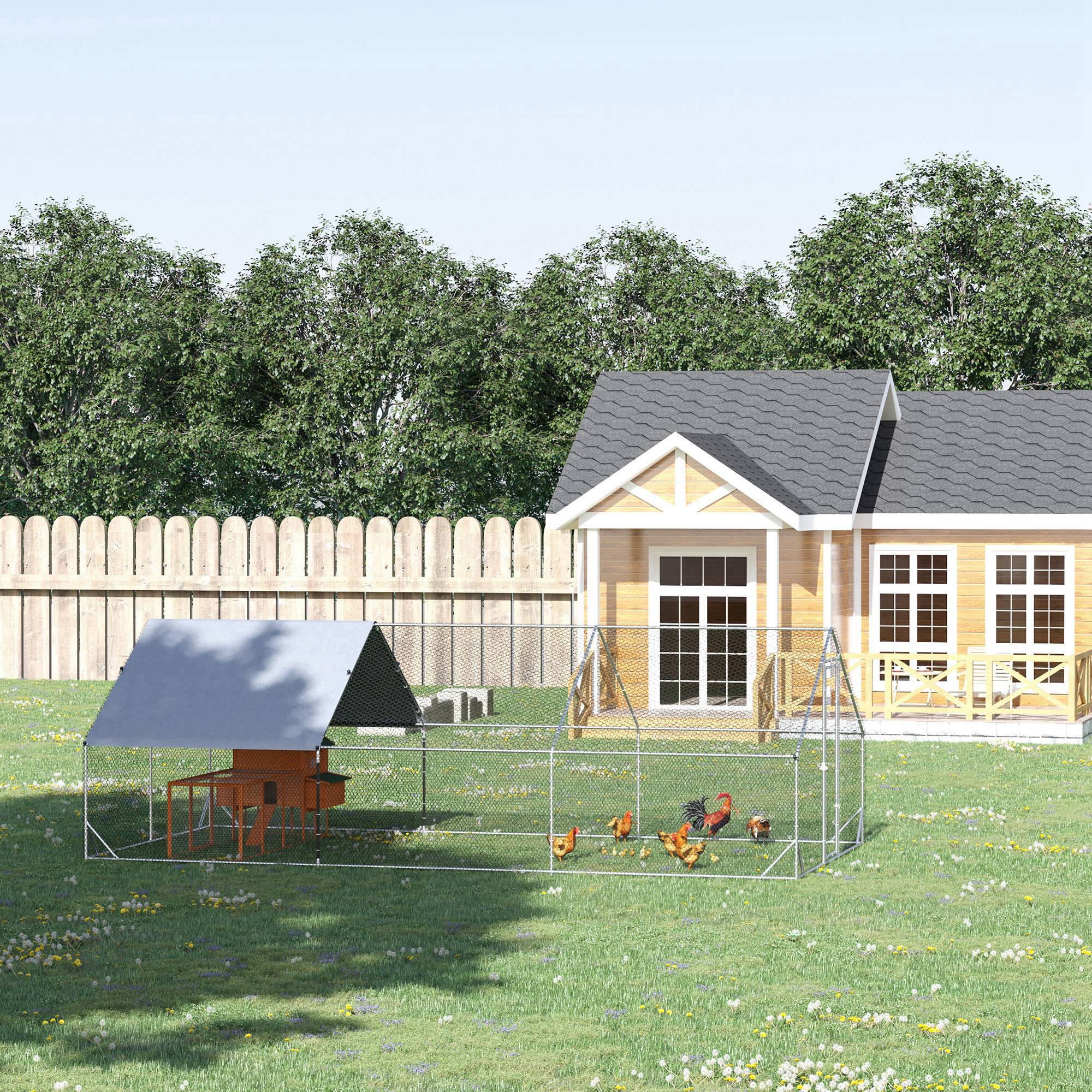 PawHut Chicken Run Galvanised Walk-in Chicken Coop Hen Poultry House Cage Rabbit Hutch Pet Playpen Garden w/ Water-Resist Cover, 3 x 6 x 2m