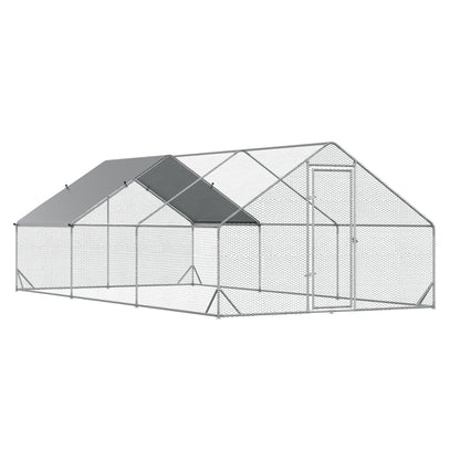 PawHut Chicken Run Galvanised Walk-in Chicken Coop Hen Poultry House Cage Rabbit Hutch Pet Playpen Garden w/ Water-Resist Cover, 3 x 6 x 2m