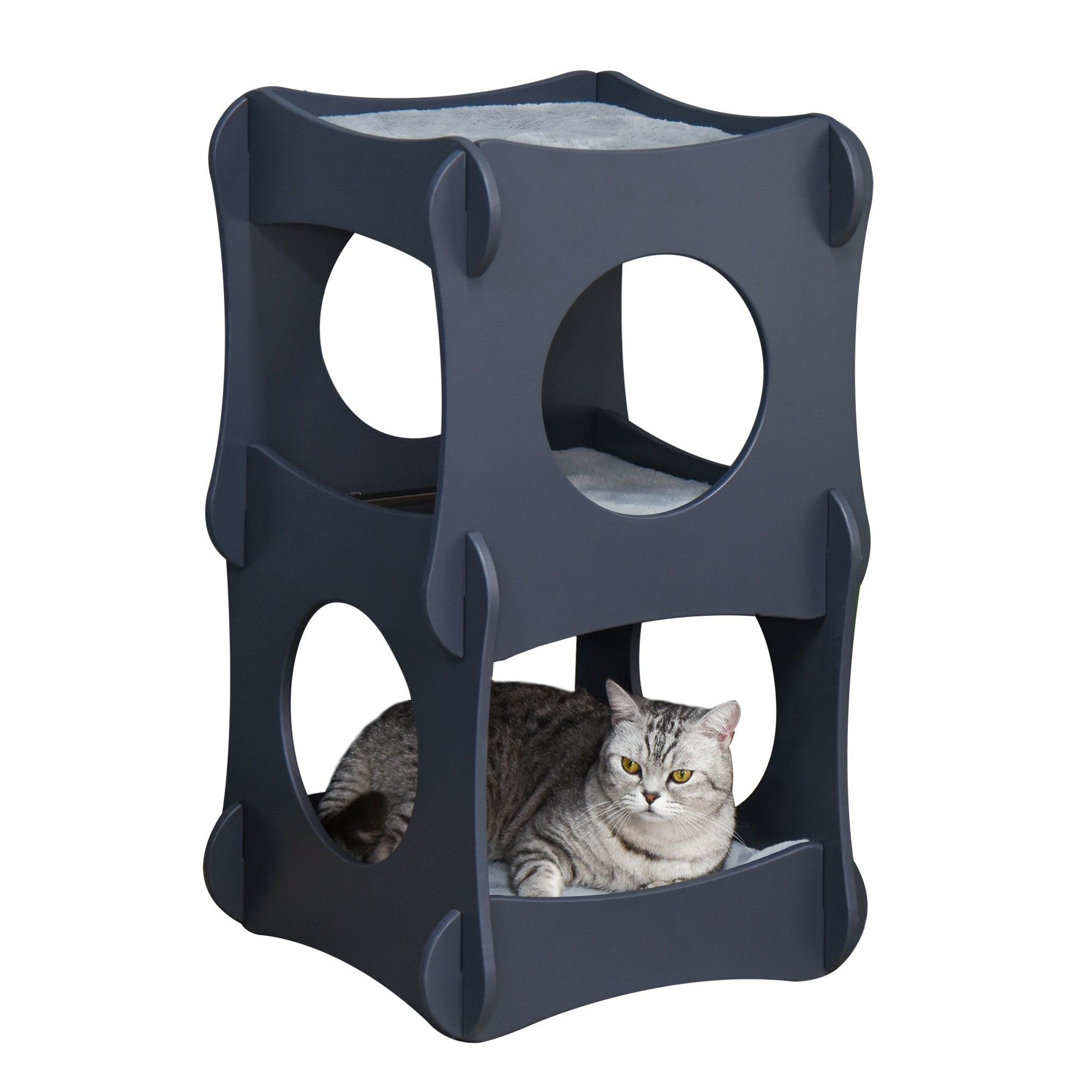 Pawhut Multi-level Wooden Cat House Kitten Bed Furniture with Removable Soft Cushion for Rest, Dark Grey
