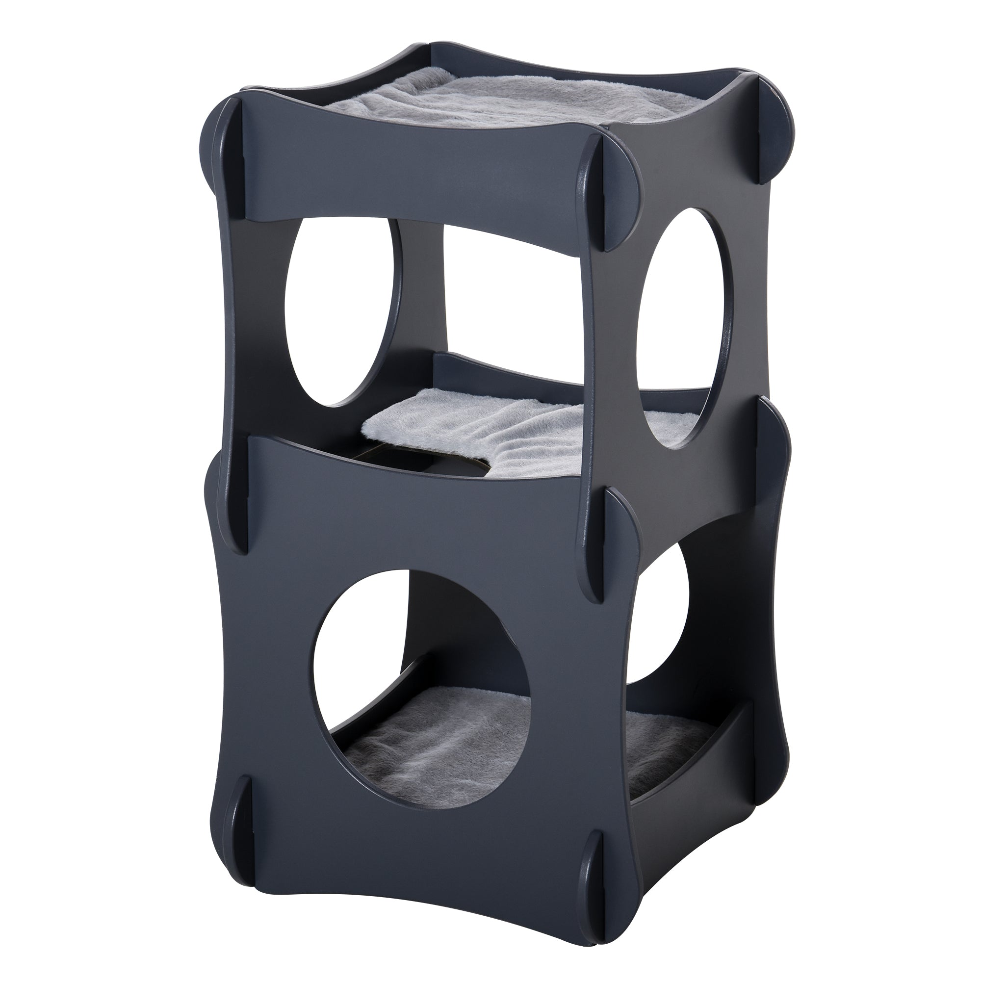 Pawhut Multi-level Wooden Cat House Kitten Bed Furniture with Removable Soft Cushion for Rest, Dark Grey
