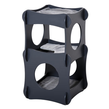 Pawhut Multi-level Wooden Cat House Kitten Bed Furniture with Removable Soft Cushion for Rest, Dark Grey
