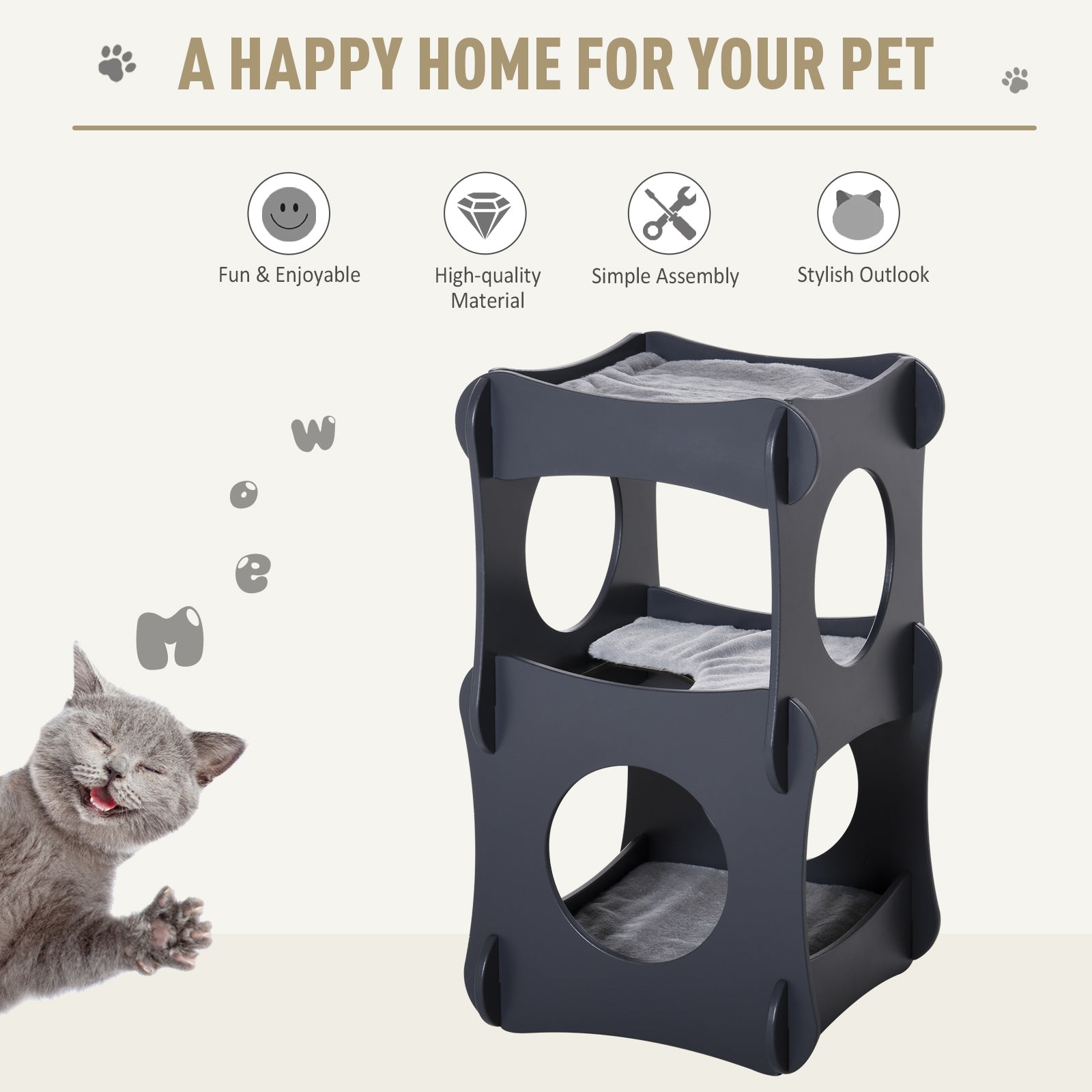Pawhut Multi-level Wooden Cat House Kitten Bed Furniture with Removable Soft Cushion for Rest, Dark Grey