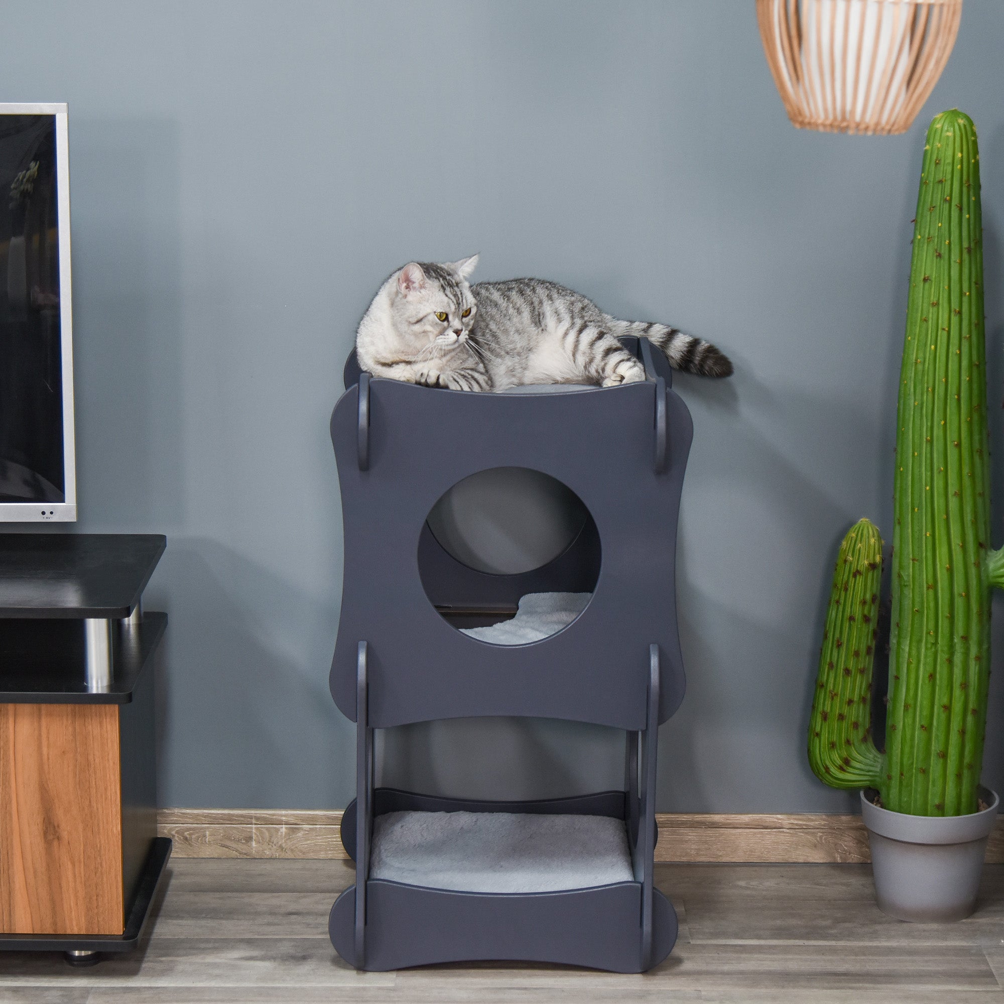 Pawhut Multi-level Wooden Cat House Kitten Bed Furniture with Removable Soft Cushion for Rest, Dark Grey