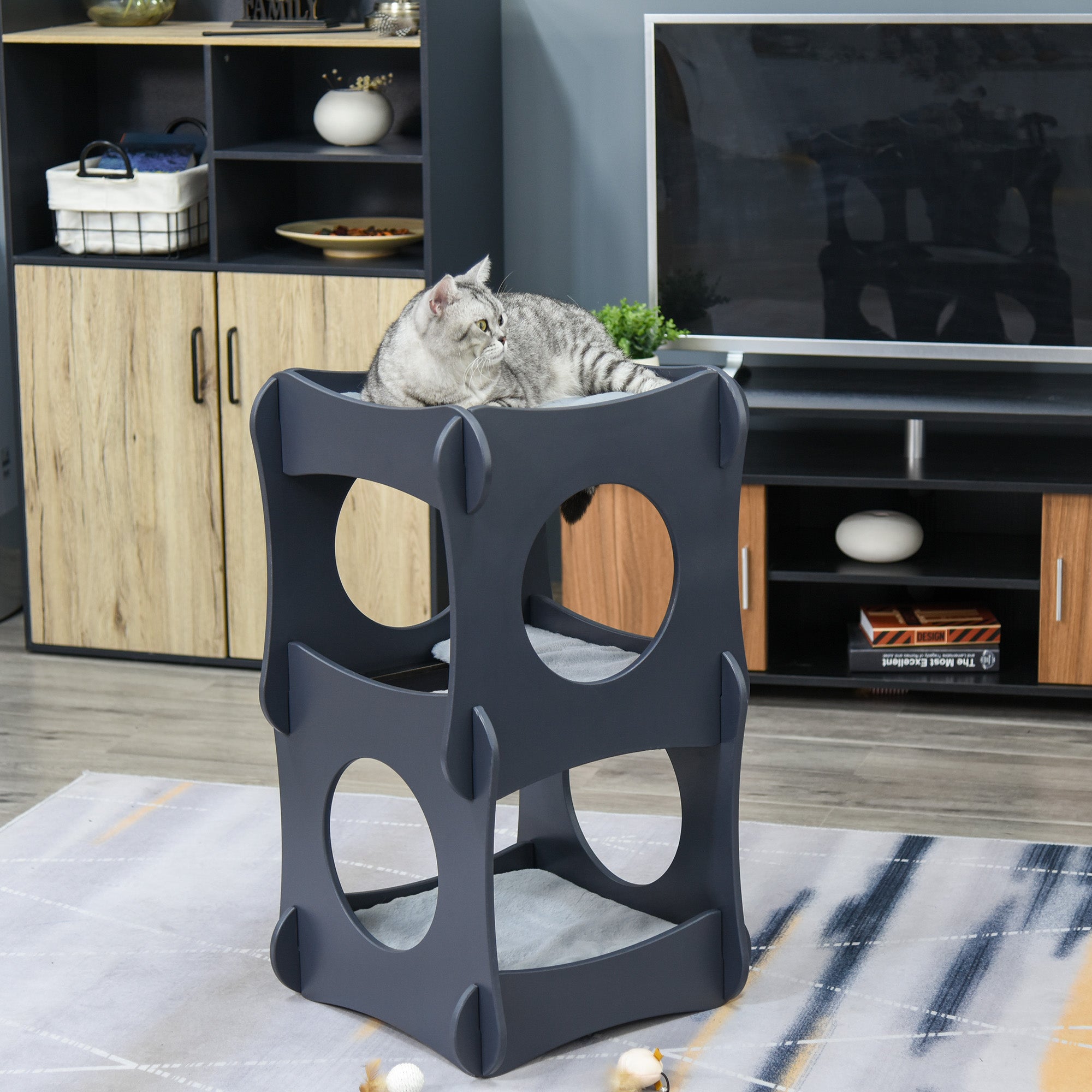 Pawhut Multi-level Wooden Cat House Kitten Bed Furniture with Removable Soft Cushion for Rest, Dark Grey