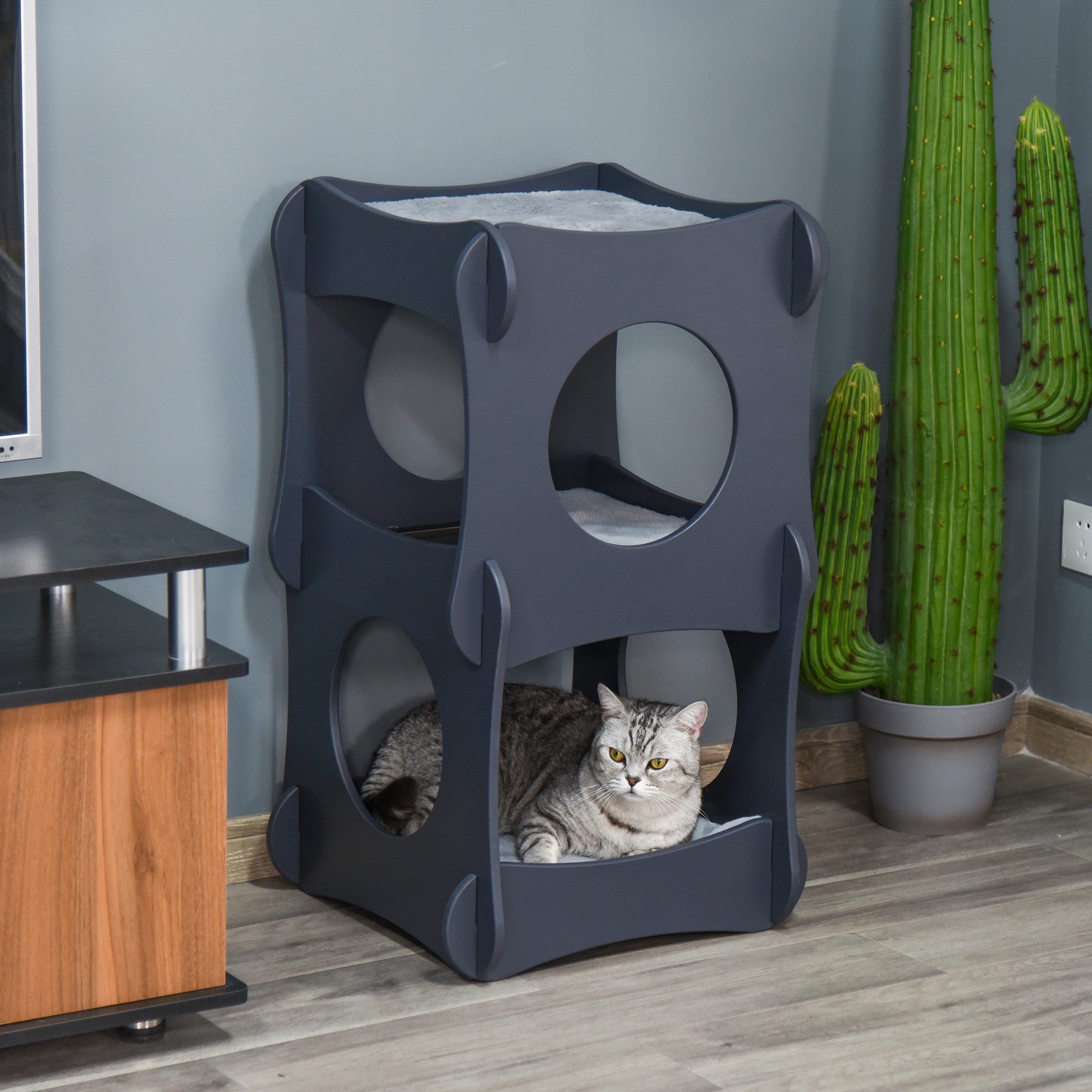 Pawhut Multi-level Wooden Cat House Kitten Bed Furniture with Removable Soft Cushion for Rest, Dark Grey