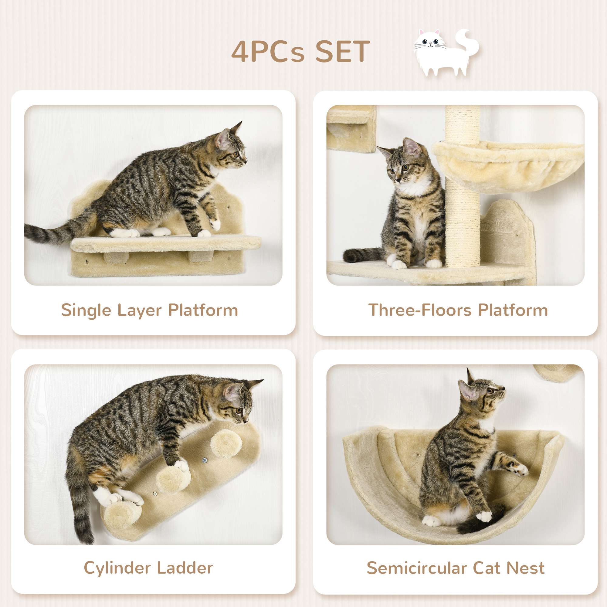 PawHut Cat Wall Shelves, 3PCs Cat Shelves with Hammock, Scratching Post, 3 Steps, Jumping Platforms, Wall Mounted Cat Climber, Beige