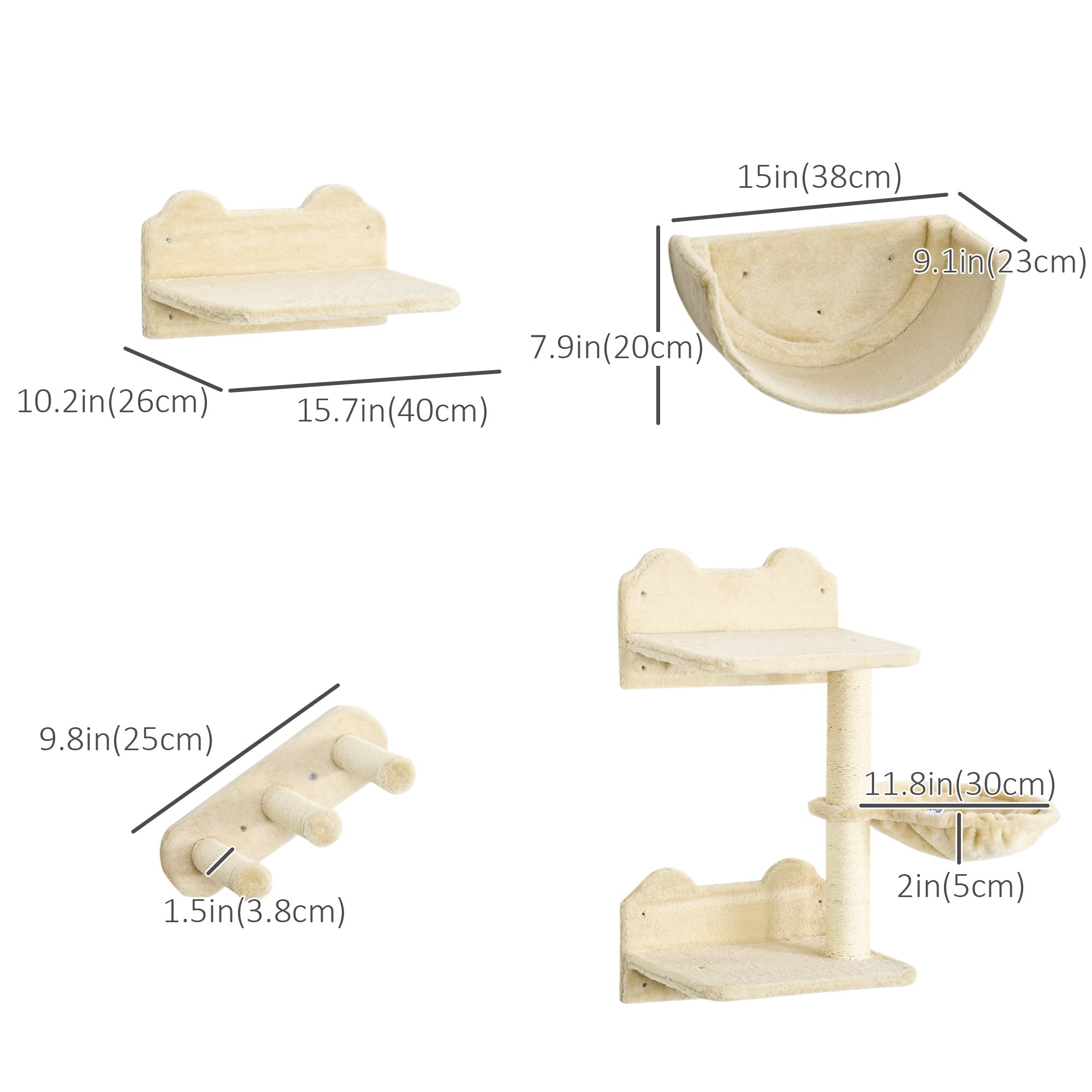 PawHut Cat Wall Shelves, 3PCs Cat Shelves with Hammock, Scratching Post, 3 Steps, Jumping Platforms, Wall Mounted Cat Climber, Beige