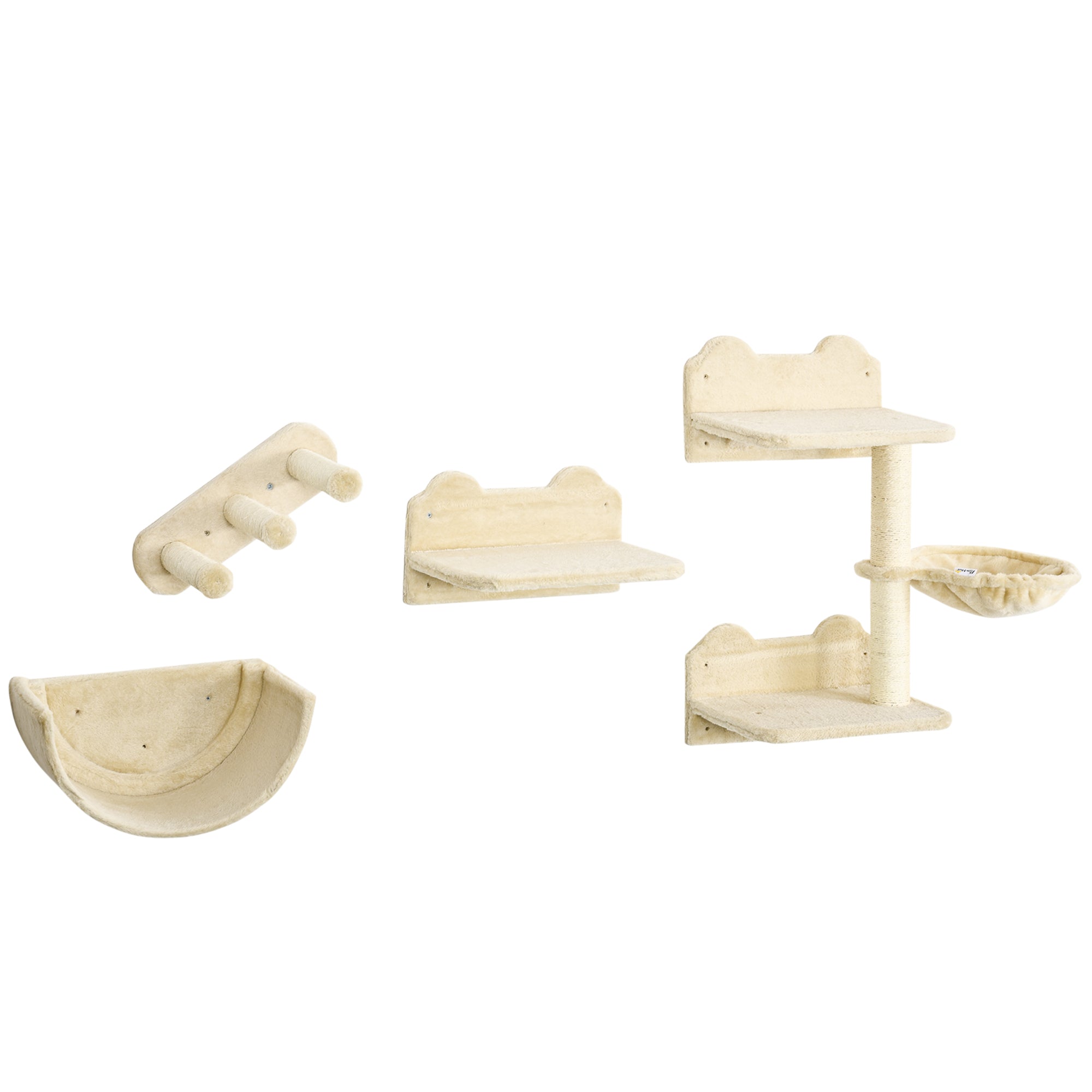 PawHut 4PCs Wall Mounted Cat Tree Cat Wall Shelves Furniture Climbing Shelf Set Kitten Activity Centre w/ Hammock, Scratching Post - Beige