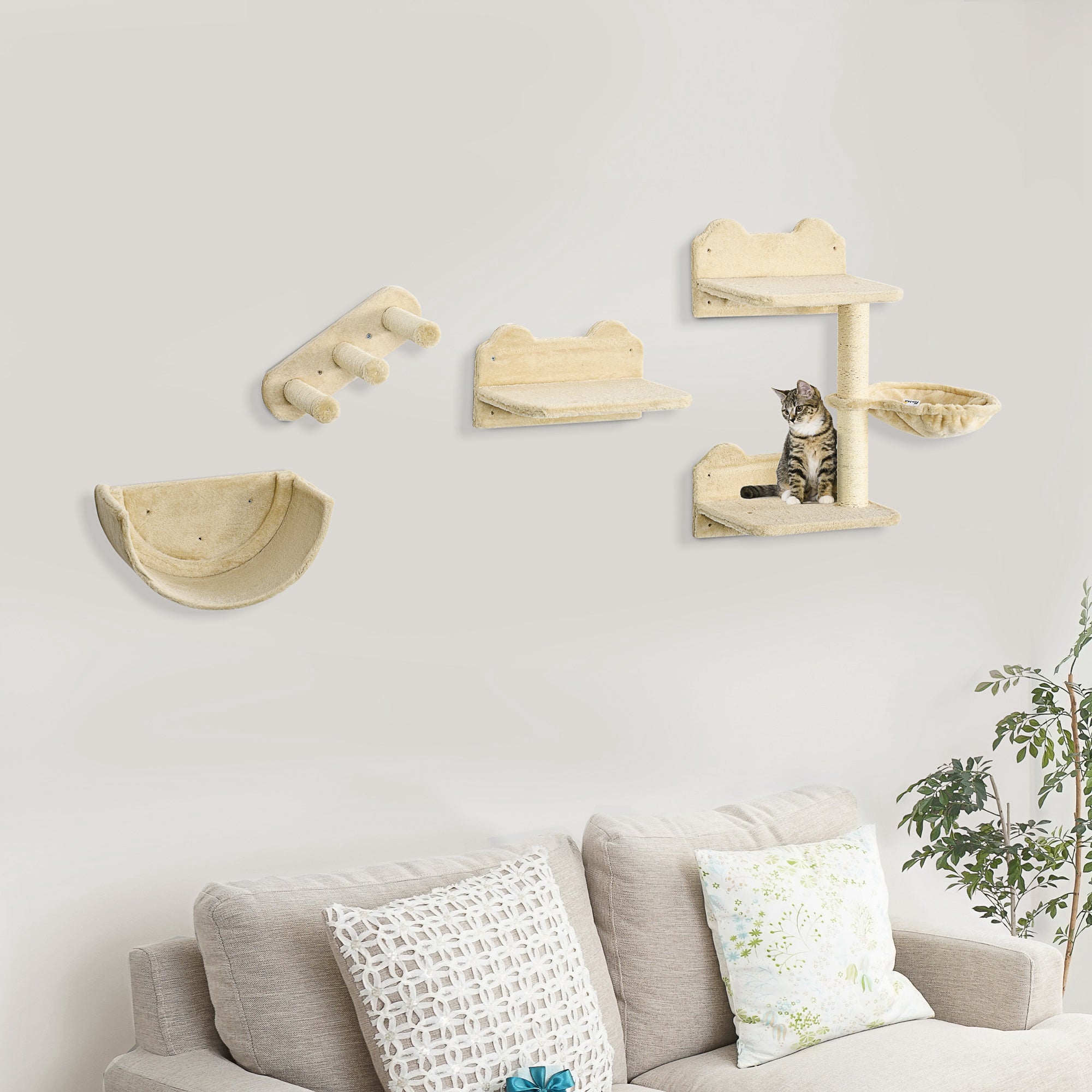 PawHut 4PCs Wall Mounted Cat Tree Cat Wall Shelves Furniture Climbing Shelf Set Kitten Activity Centre w/ Hammock, Scratching Post - Beige