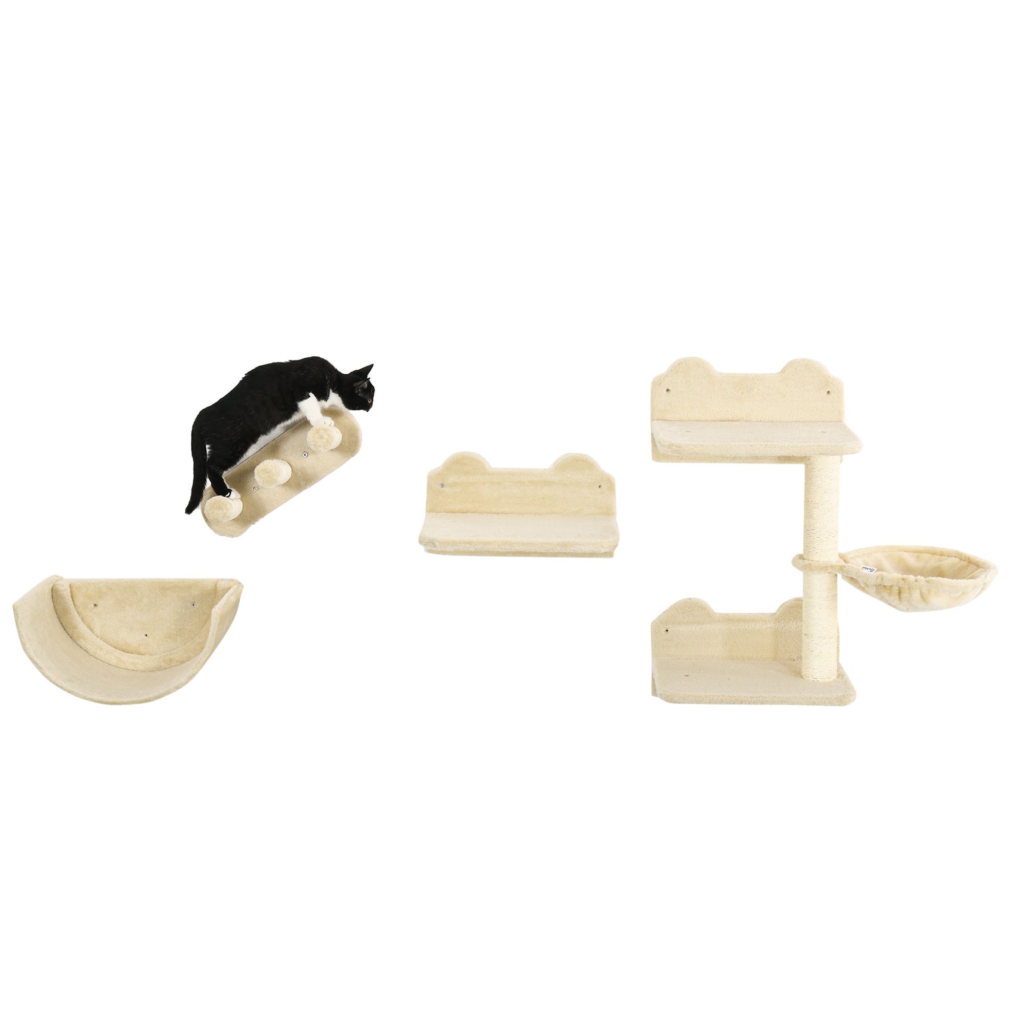 PawHut 4PCs Wall Mounted Cat Tree Cat Wall Shelves Furniture Climbing Shelf Set Kitten Activity Centre w/ Hammock, Scratching Post - Beige